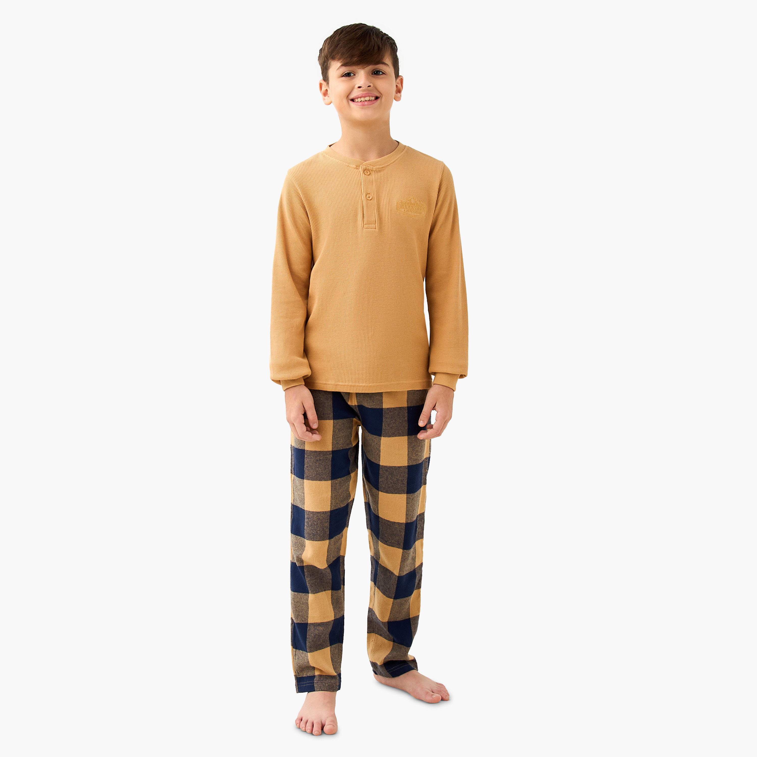 Juniors Cotton Henley Neck Long Sleeves Pyjama Set with Checked Design-boys-clothing-nightwear-image-1