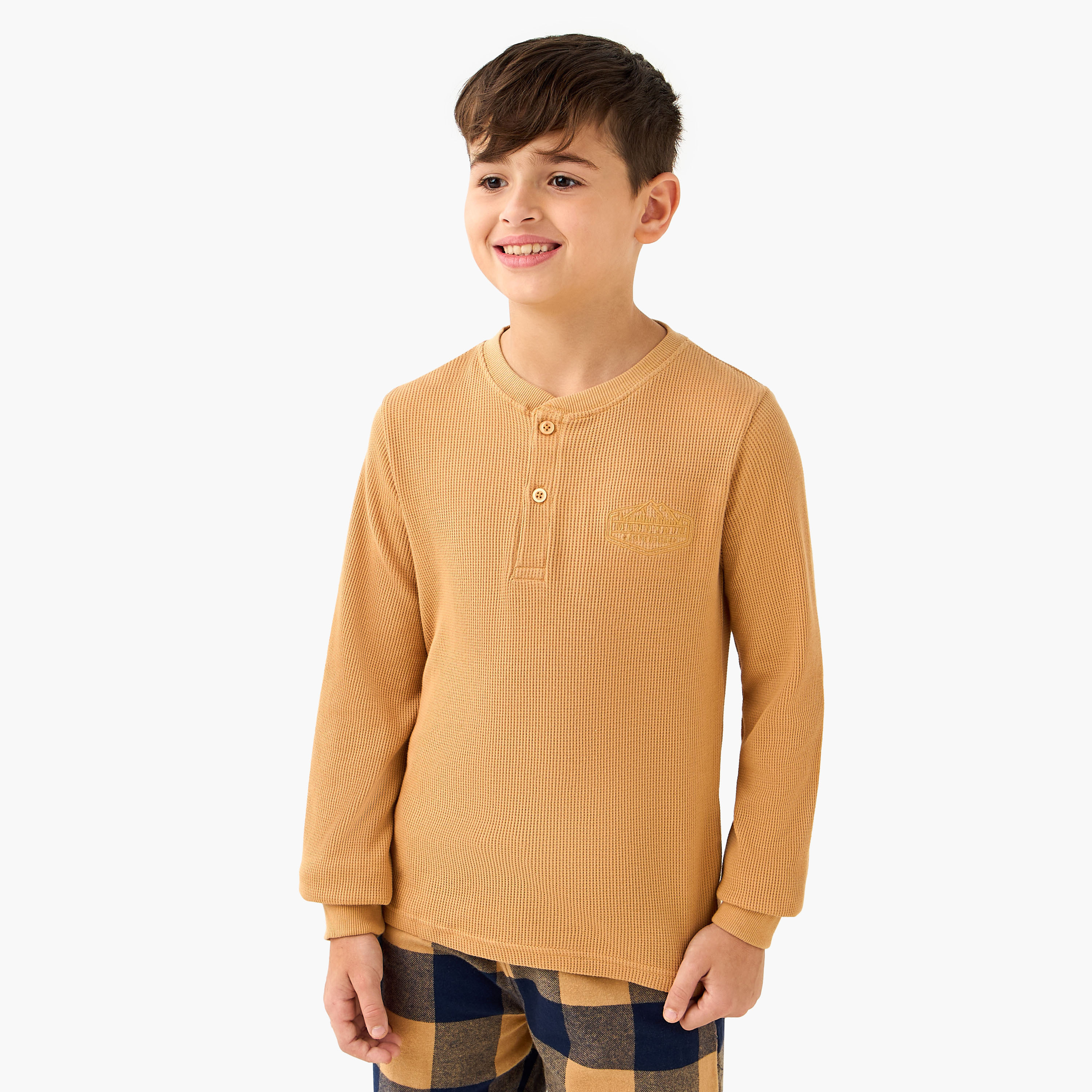 Juniors Cotton Henley Neck Long Sleeves Pyjama Set with Checked Design-boys-clothing-nightwear-image-2