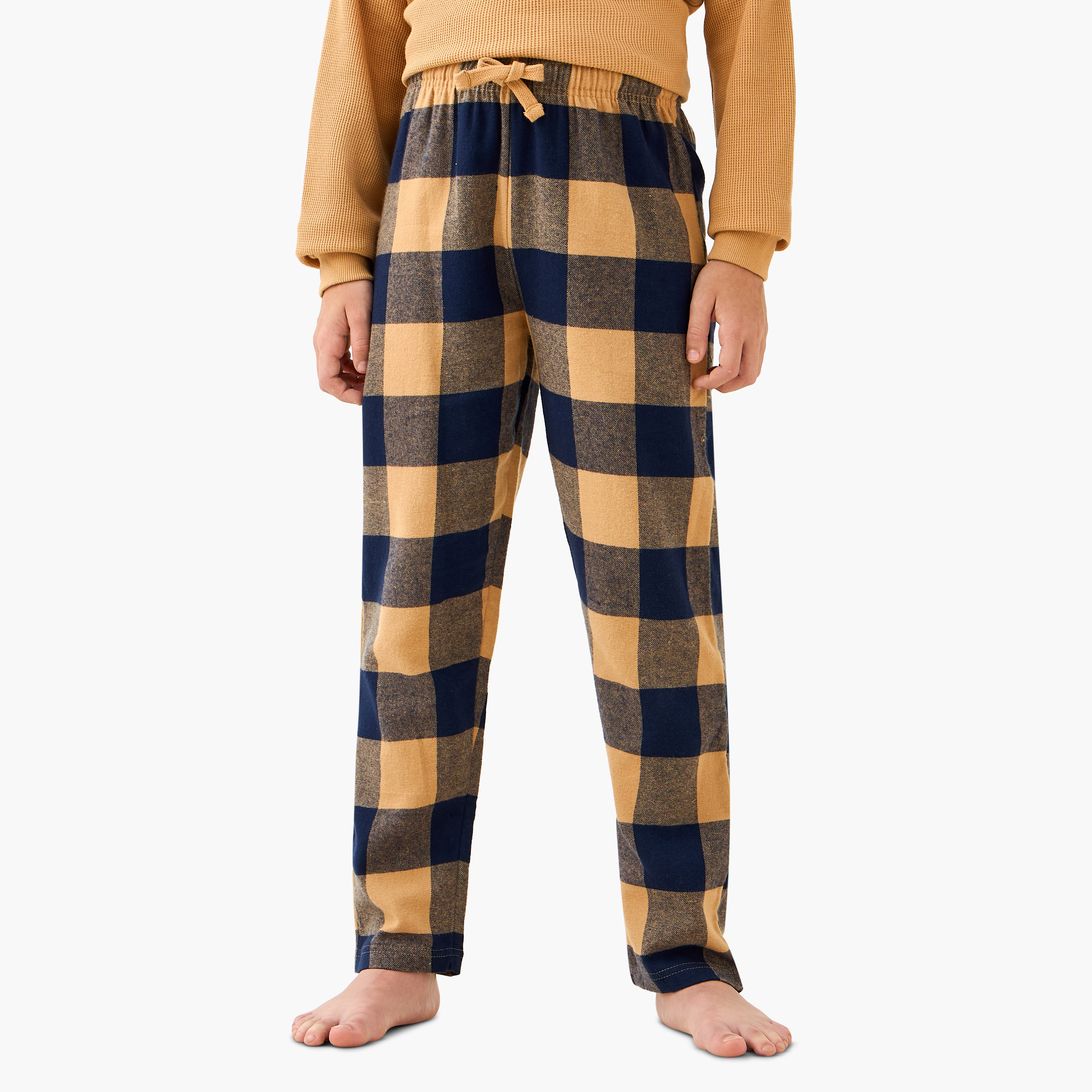 Juniors Cotton Henley Neck Long Sleeves Pyjama Set with Checked Design-boys-clothing-nightwear-image-3