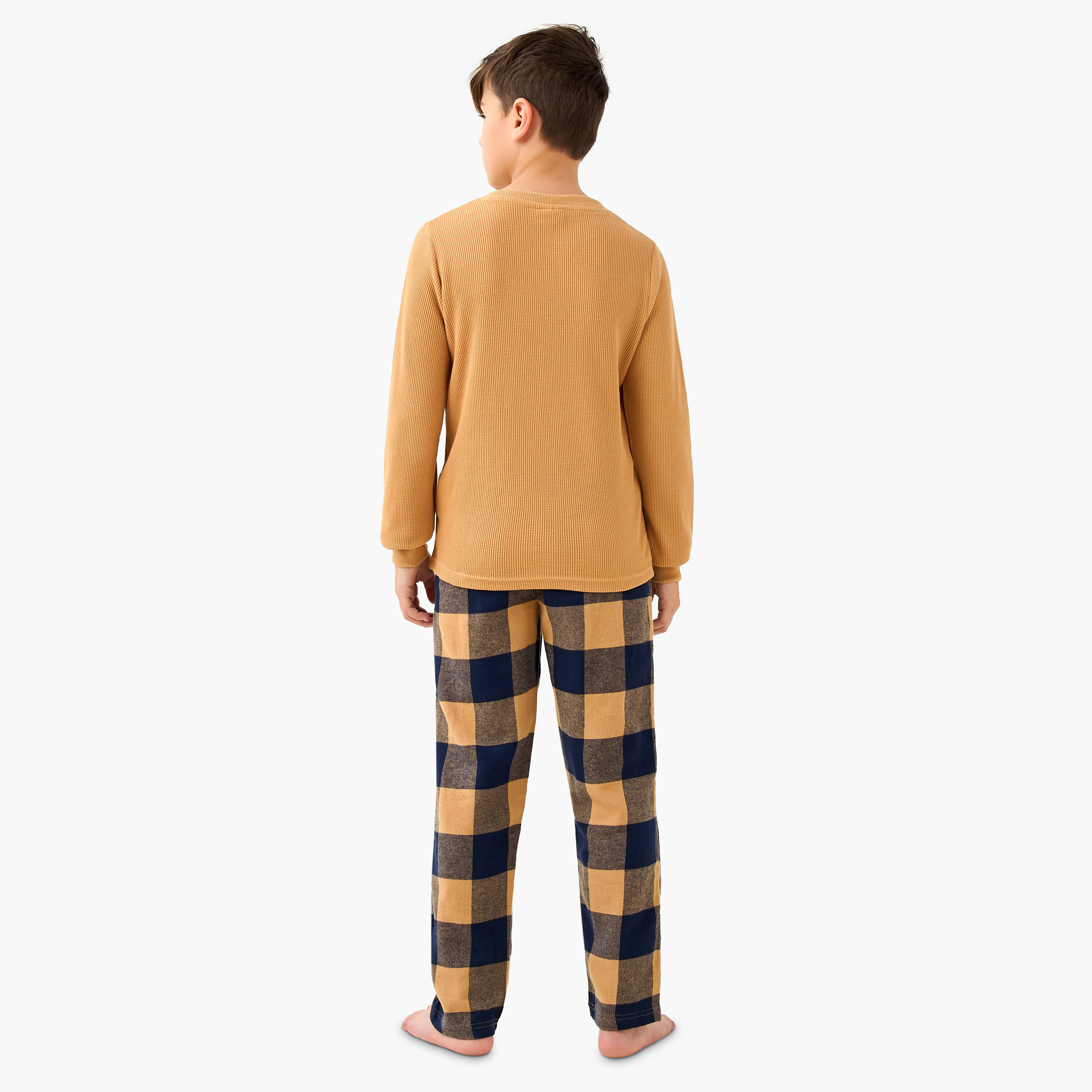 Juniors Cotton Henley Neck Long Sleeves Pyjama Set with Checked Design-boys-clothing-nightwear-image-4