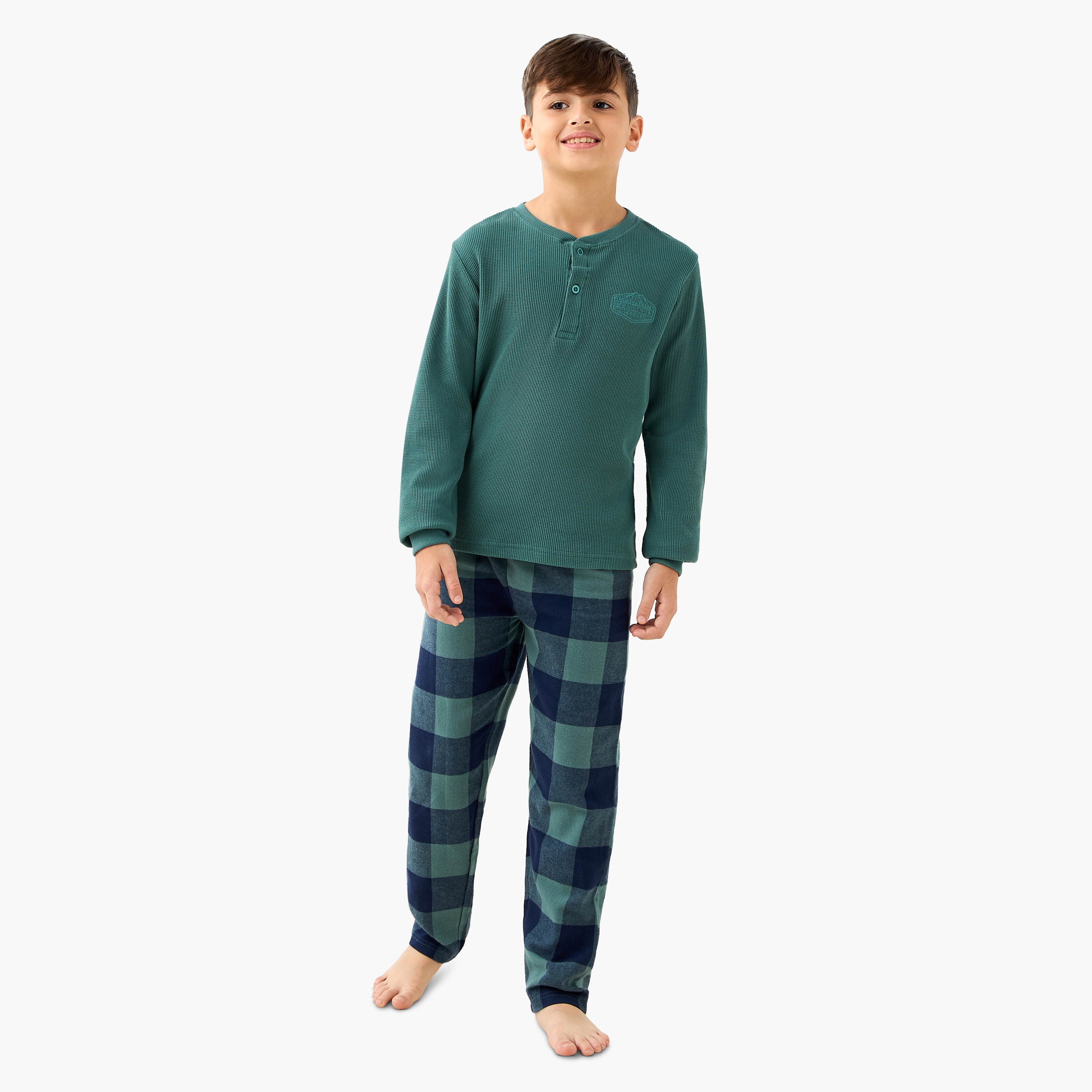 Juniors Cotton Henley Neck Long Sleeve Pyjama Set with Drawstring Closure-boys-clothing-nightwear-image-1