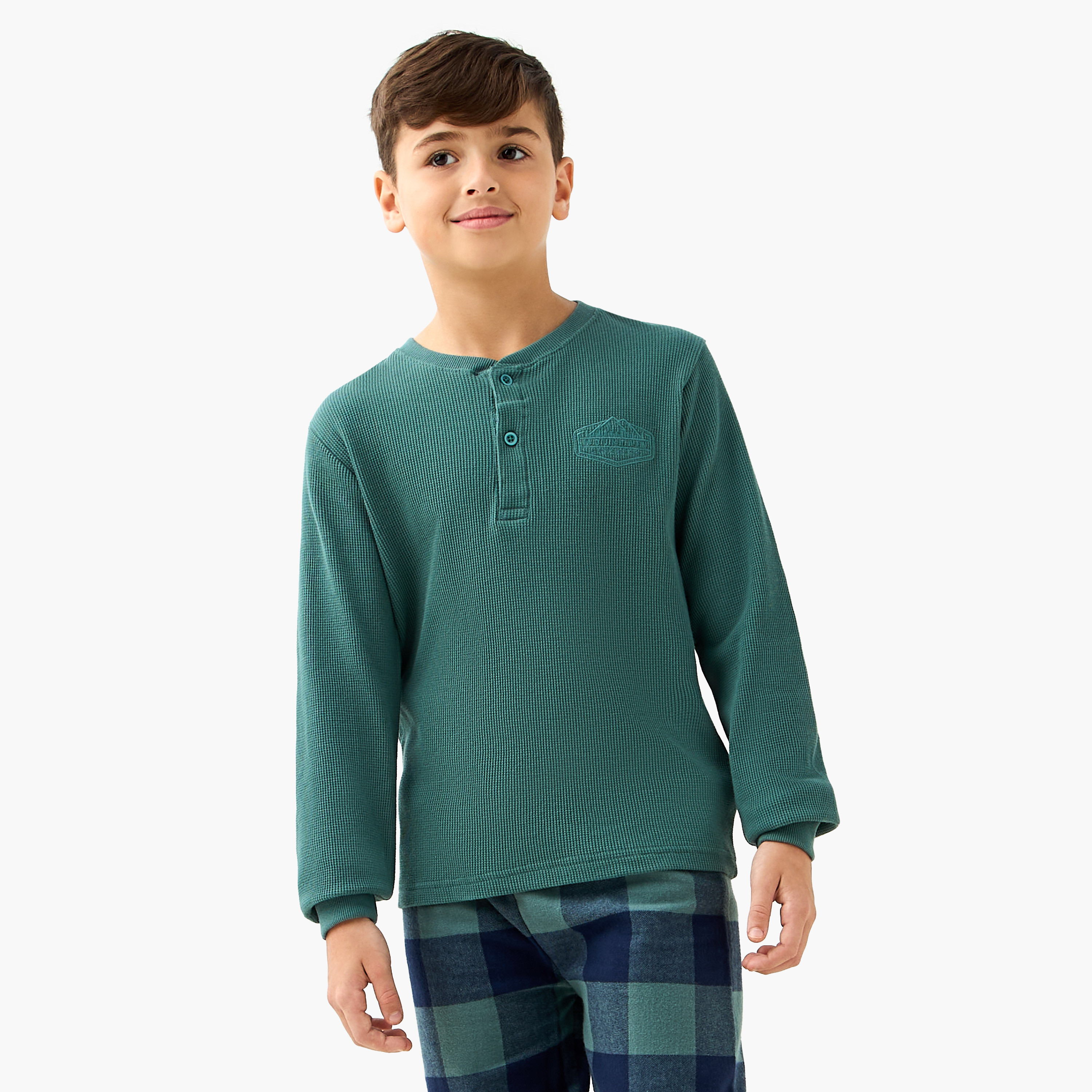 Juniors Cotton Henley Neck Long Sleeve Pyjama Set with Drawstring Closure-boys-clothing-nightwear-image-2