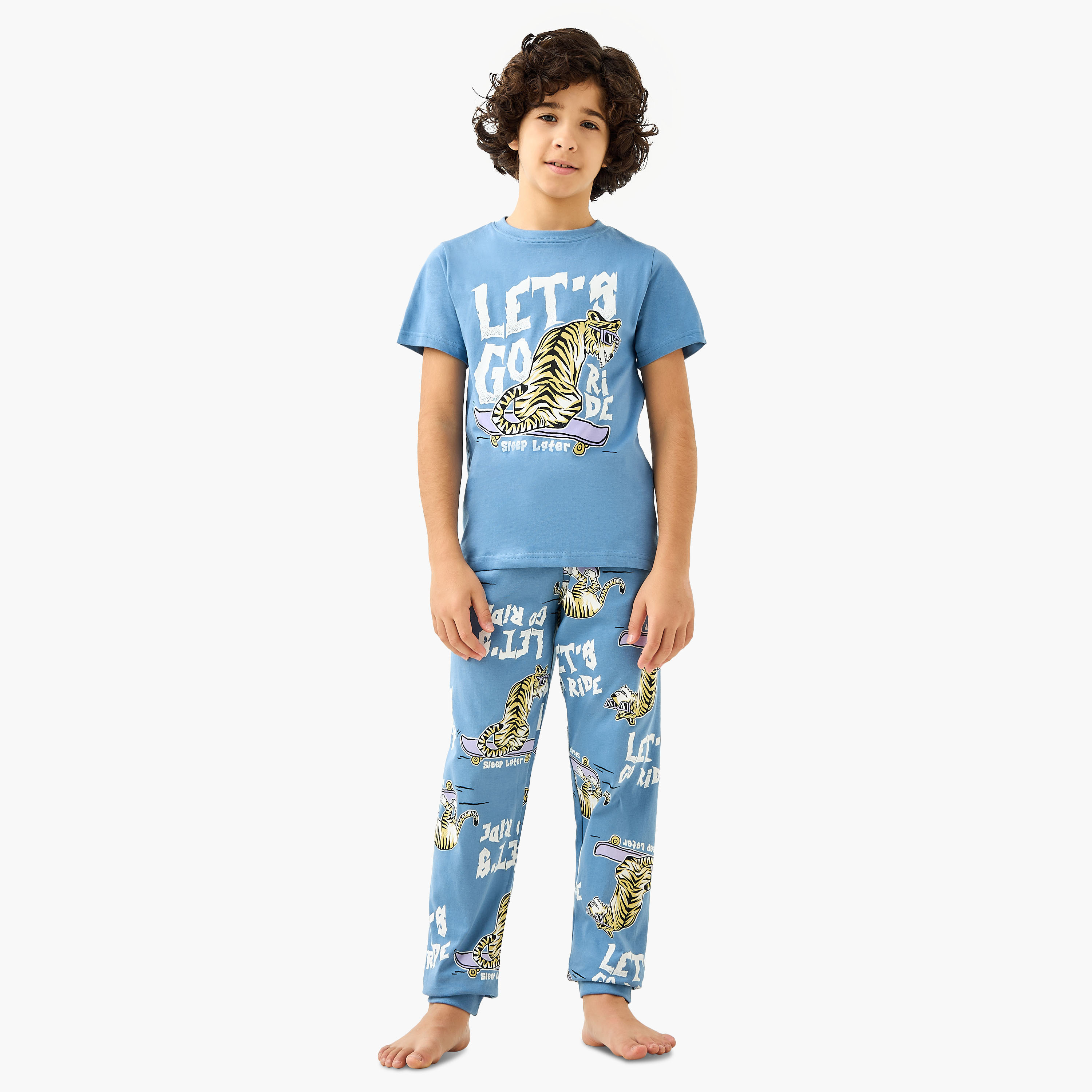 Juniors Tiger Print T-shirt and Pyjama Set-boys-clothing-nightwear-image-1