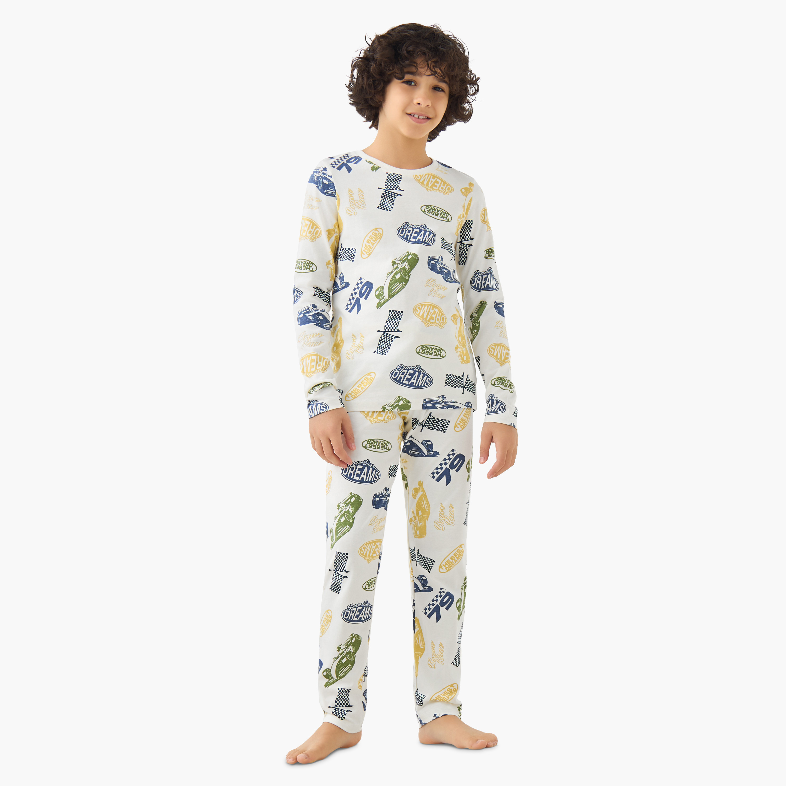 Juniors Cotton Crew Neck Long Sleeves Pyjama Set with Print-boys-clothing-nightwear-image-1