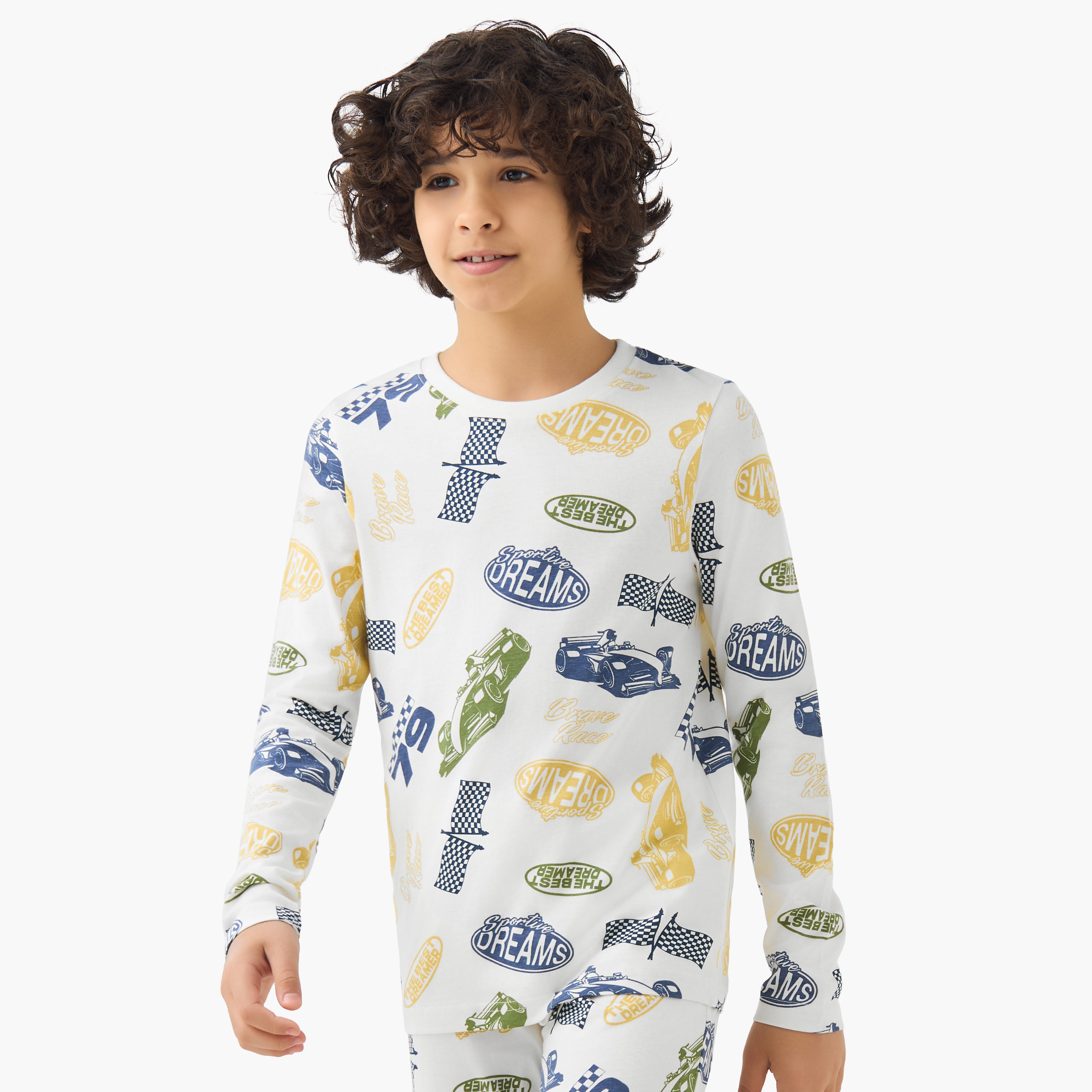 Juniors Cotton Crew Neck Long Sleeves Pyjama Set with Print-boys-clothing-nightwear-image-2