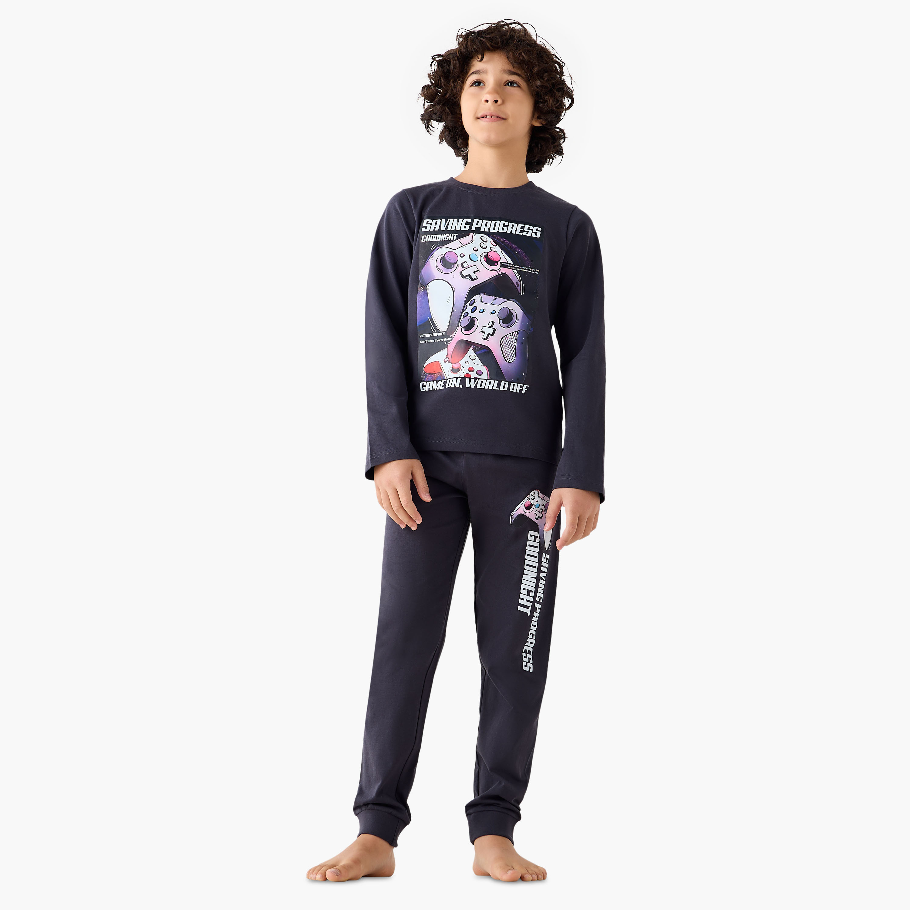 Juniors Cotton Crew Neck Long Sleeves Pyjama Set with Gaming Print-boys-clothing-nightwear-image-1