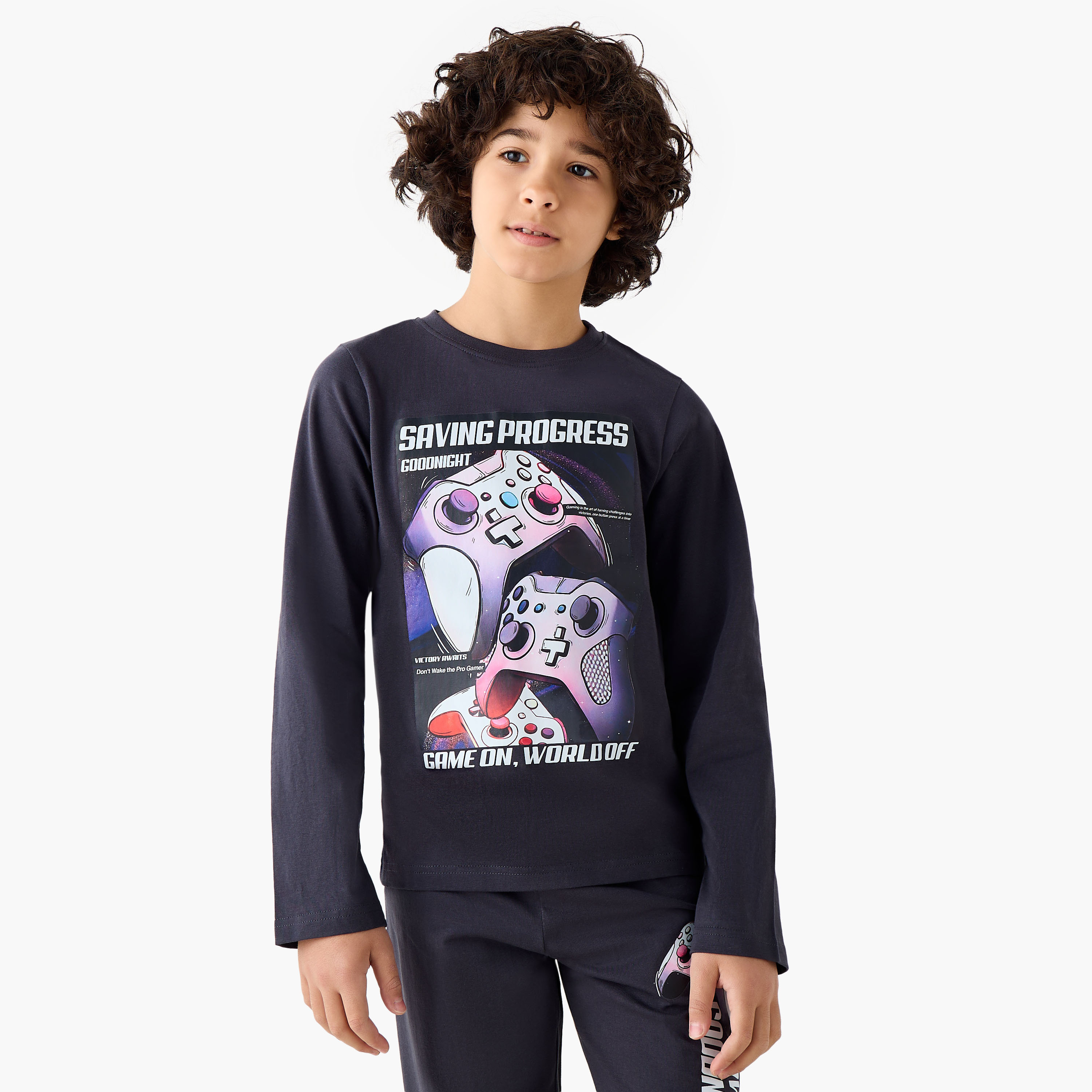 Juniors Cotton Crew Neck Long Sleeves Pyjama Set with Gaming Print-boys-clothing-nightwear-image-2