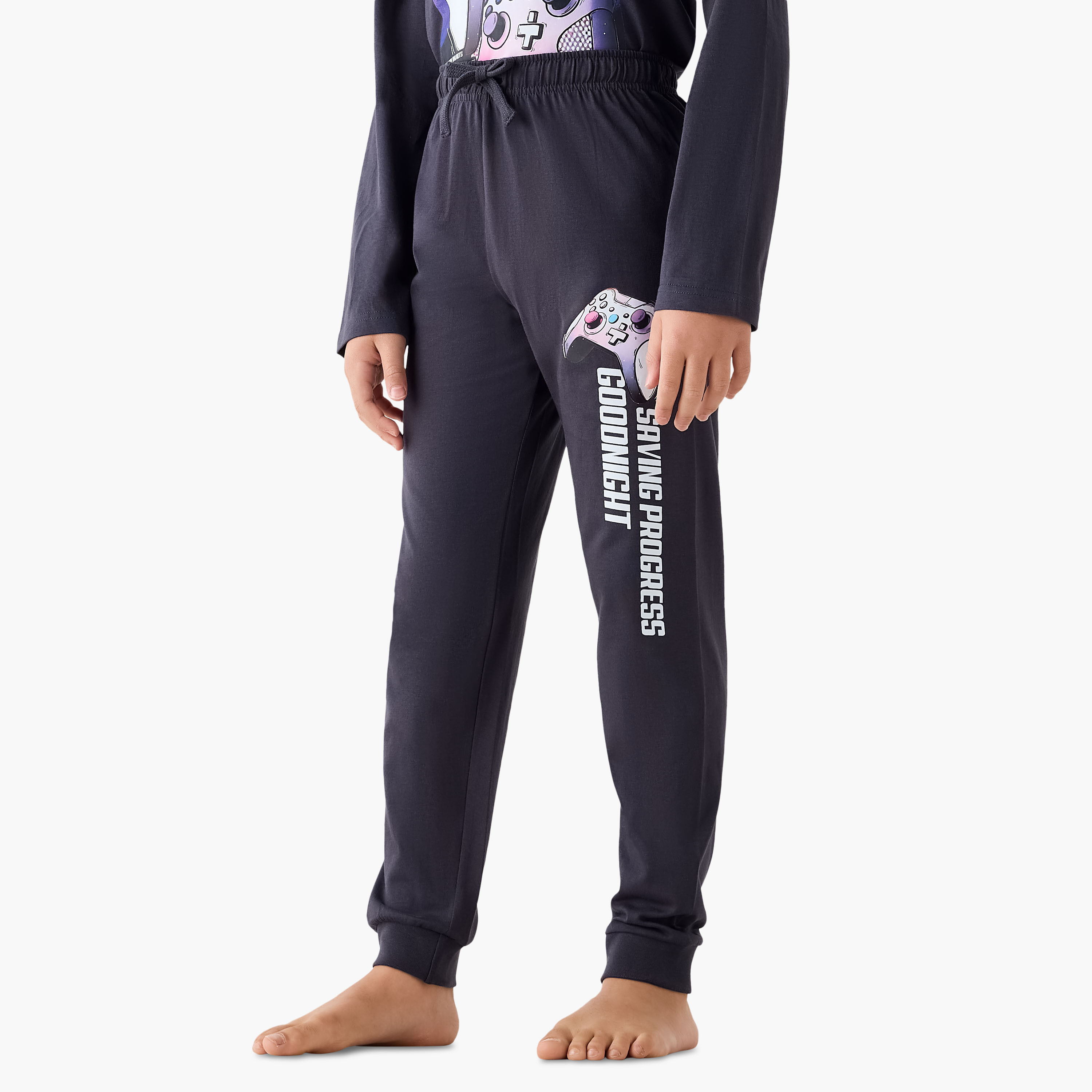 Juniors Cotton Crew Neck Long Sleeves Pyjama Set with Gaming Print-boys-clothing-nightwear-image-3