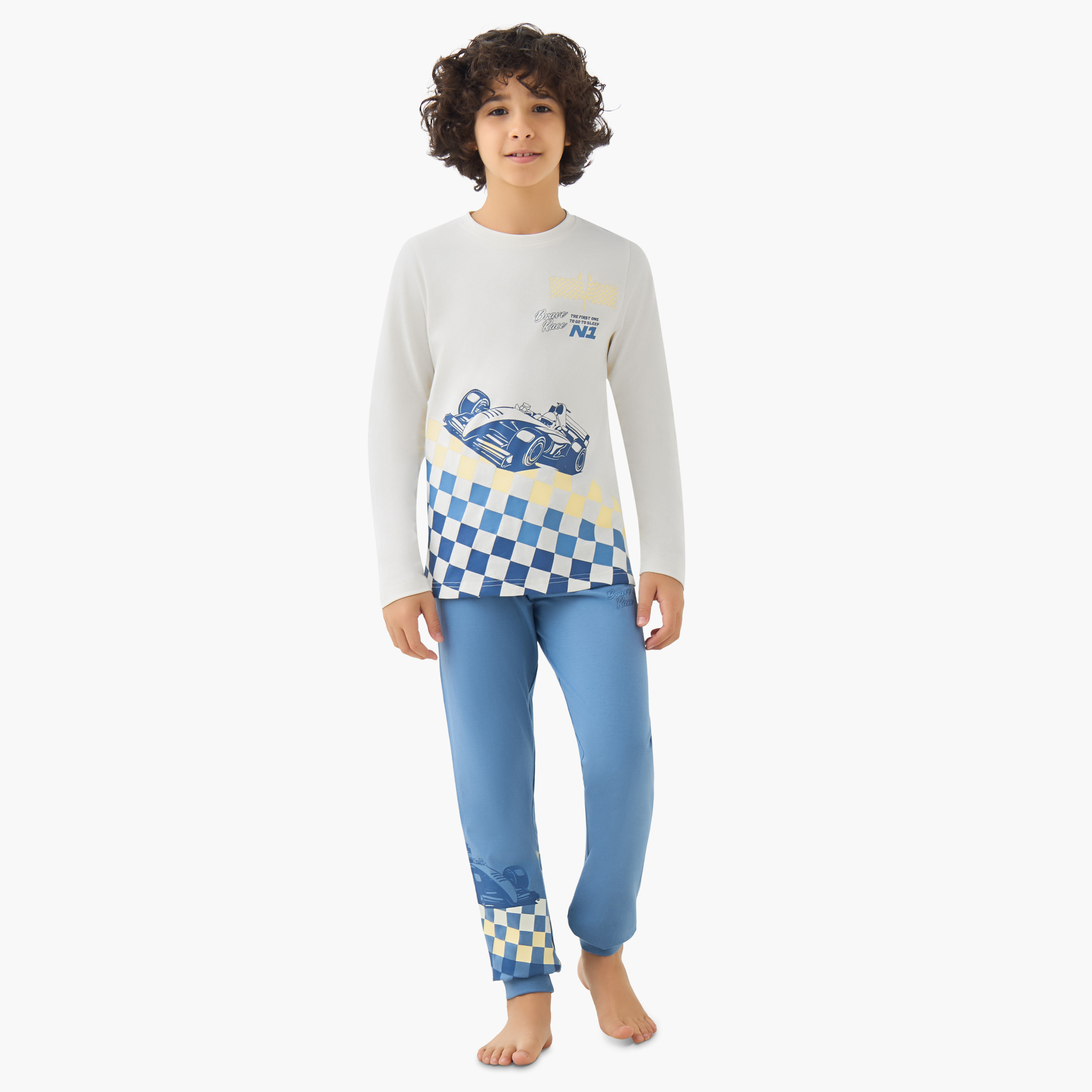 Juniors Cotton Crew Neck Long Sleeves Pyjama Set with Racing Car Print-boys-clothing-nightwear-image-1
