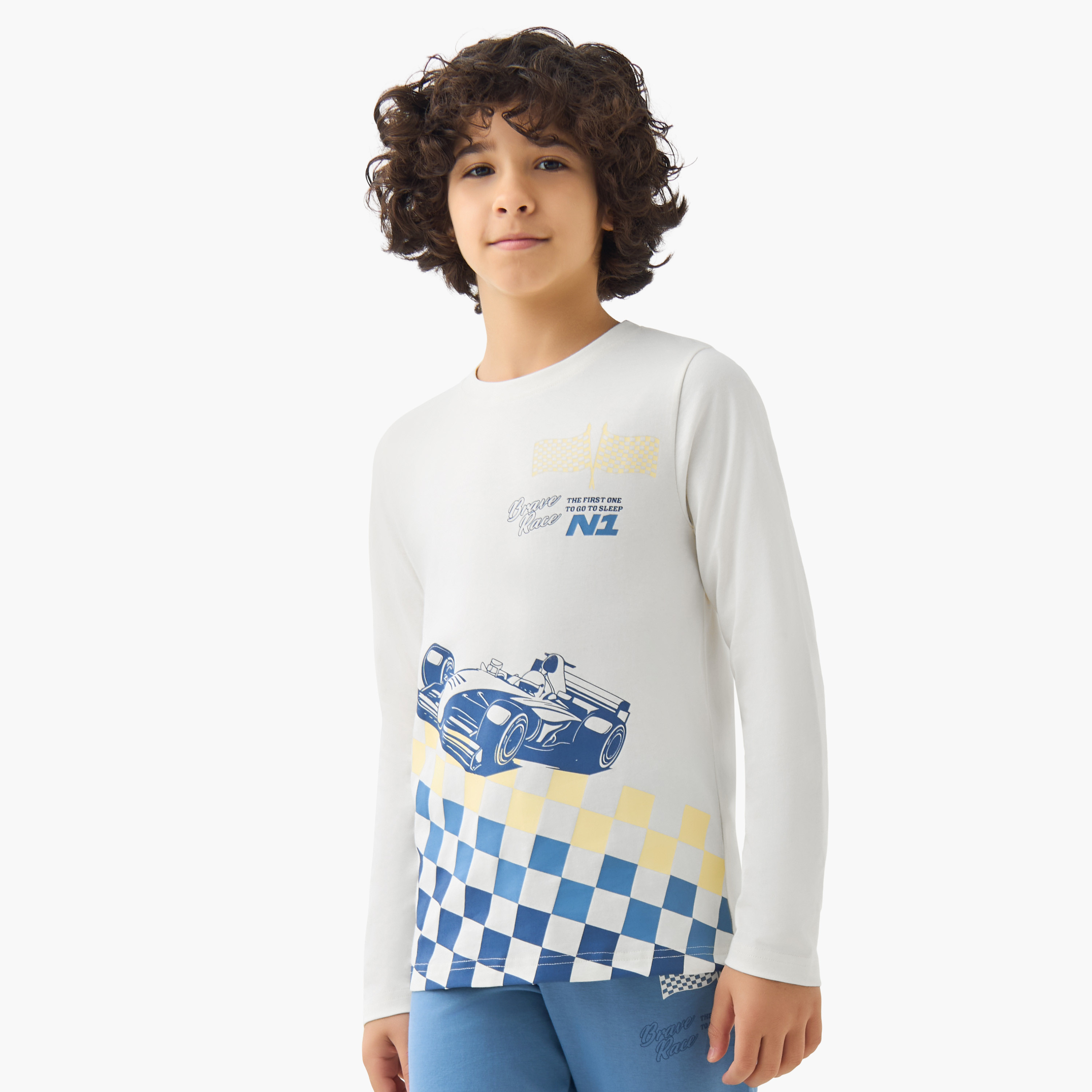 Juniors Cotton Crew Neck Long Sleeves Pyjama Set with Racing Car Print-boys-clothing-nightwear-image-2