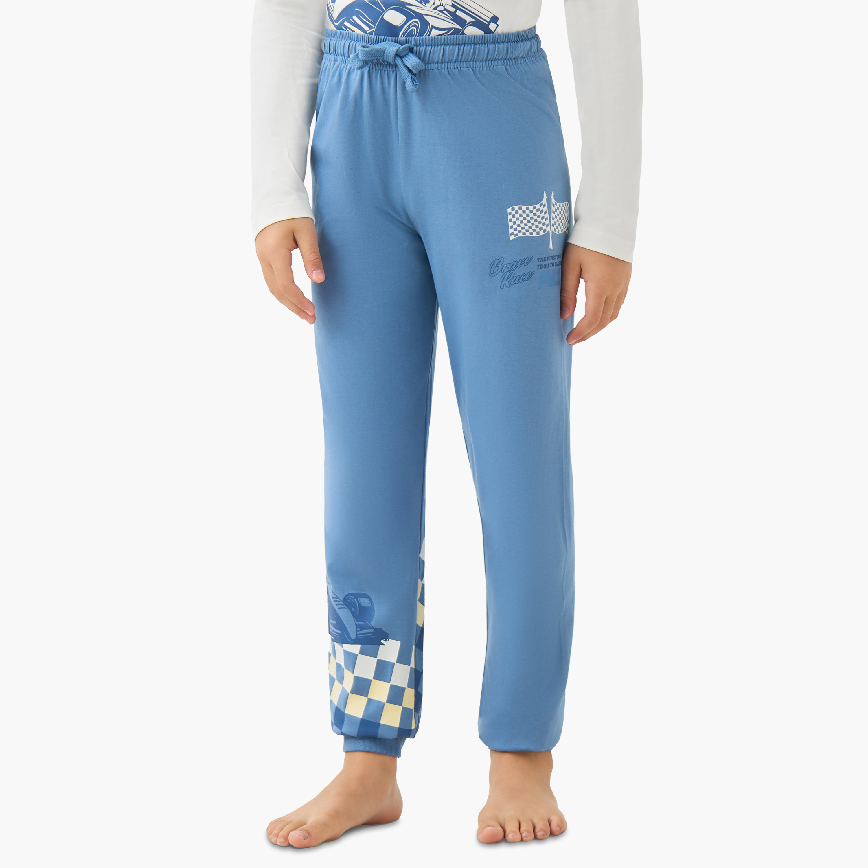 Juniors Cotton Crew Neck Long Sleeves Pyjama Set with Racing Car Print-boys-clothing-nightwear-image-3