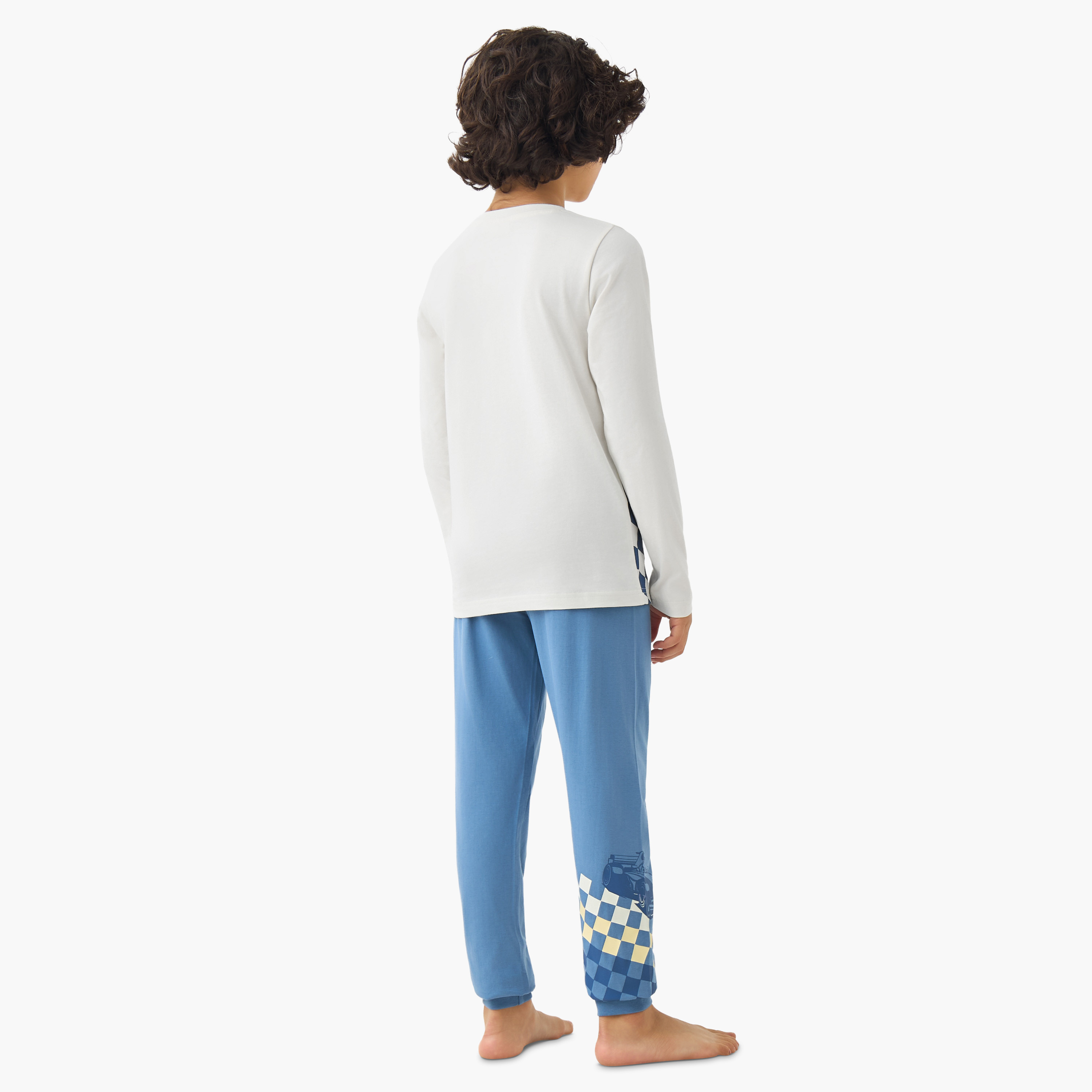 Juniors Cotton Crew Neck Long Sleeves Pyjama Set with Racing Car Print-boys-clothing-nightwear-image-4