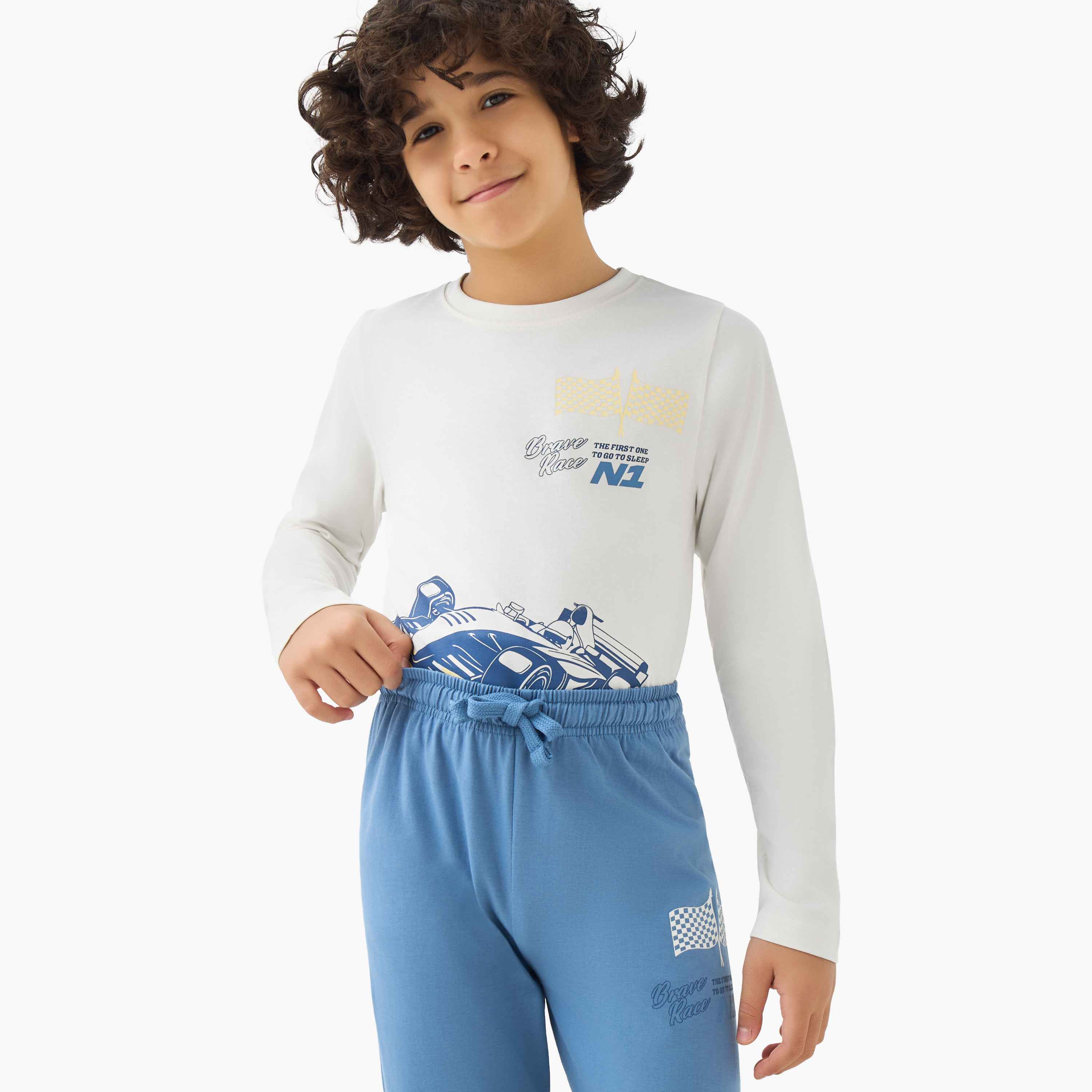 Juniors Cotton Crew Neck Long Sleeves Pyjama Set with Racing Car Print-boys-clothing-nightwear-image-5
