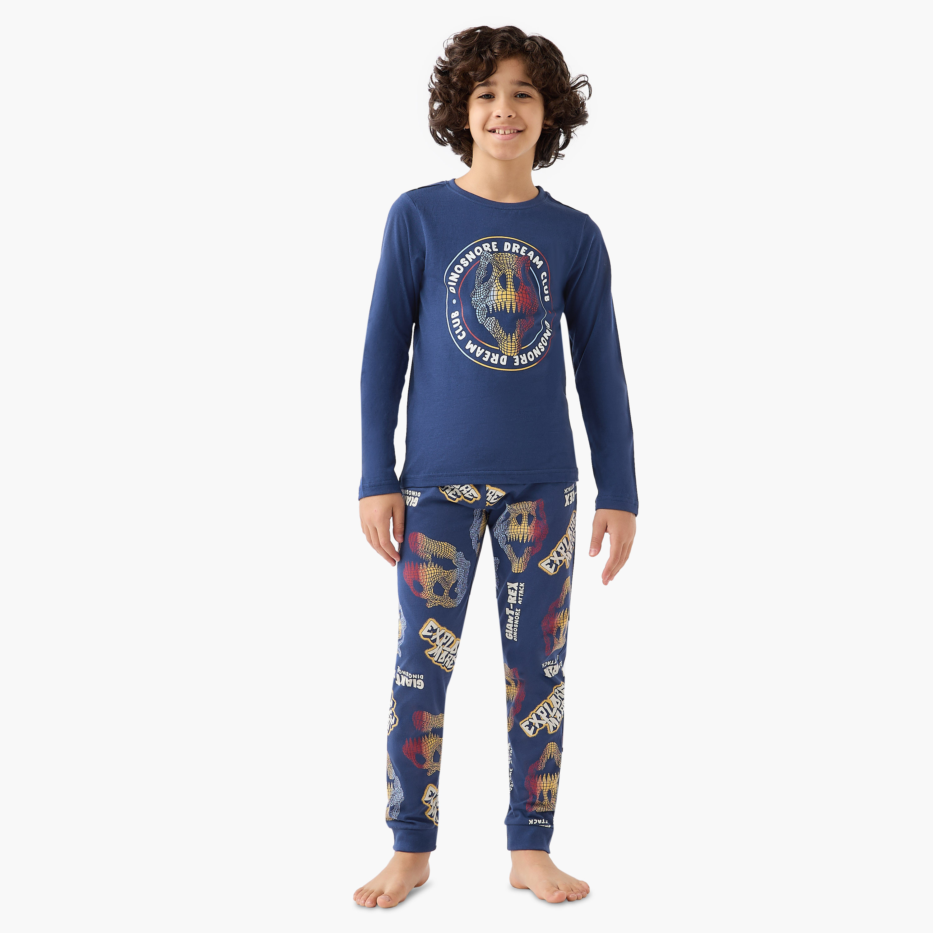 طقم بيجاما قطن بطبعات ديناصور وياقة ضيقة وأكمام طويلة من جونيورز-boys-clothing-nightwear-image-1