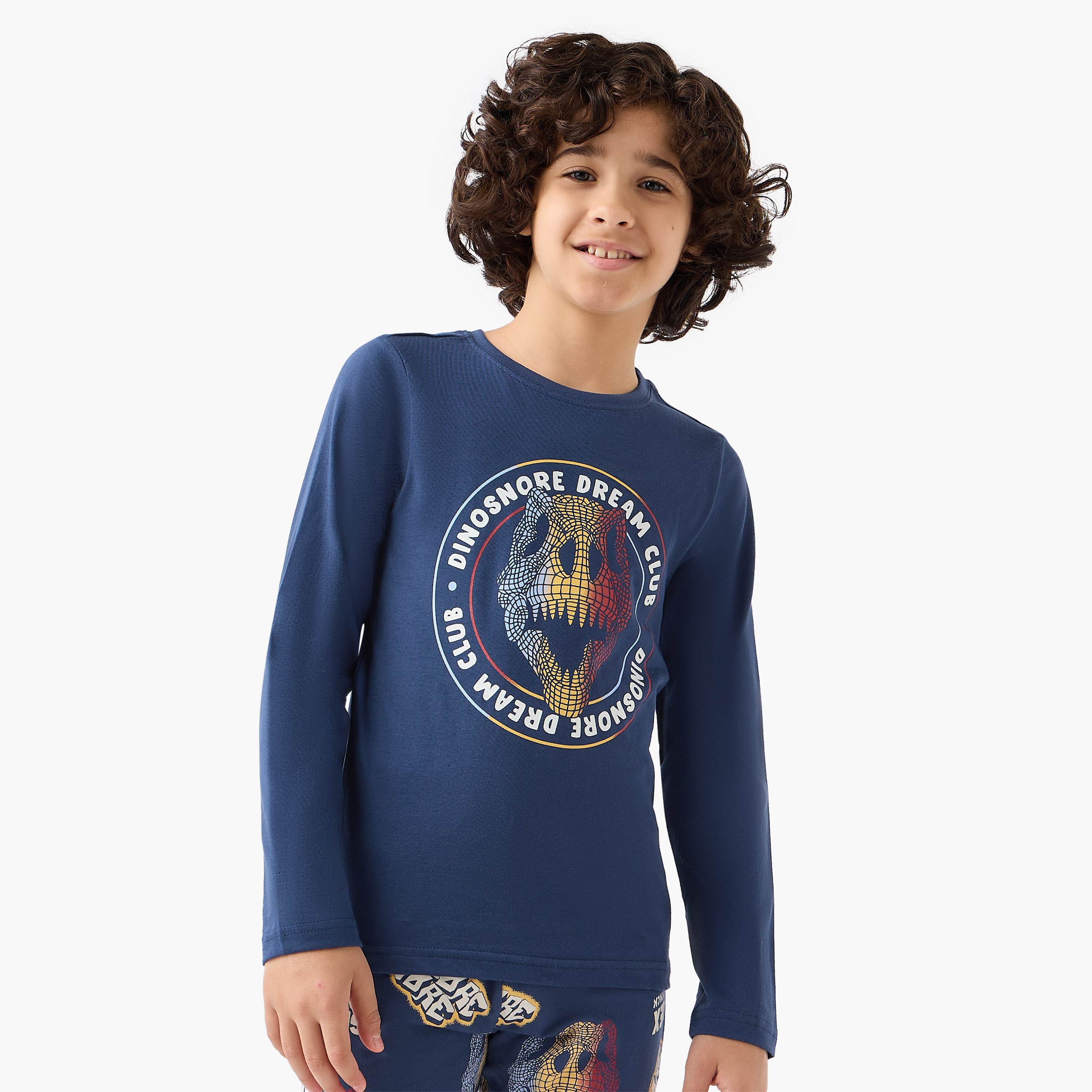 Juniors Cotton Crew Neck Long Sleeves Pyjama Set with Dinosaur Print-boys-clothing-nightwear-image-2