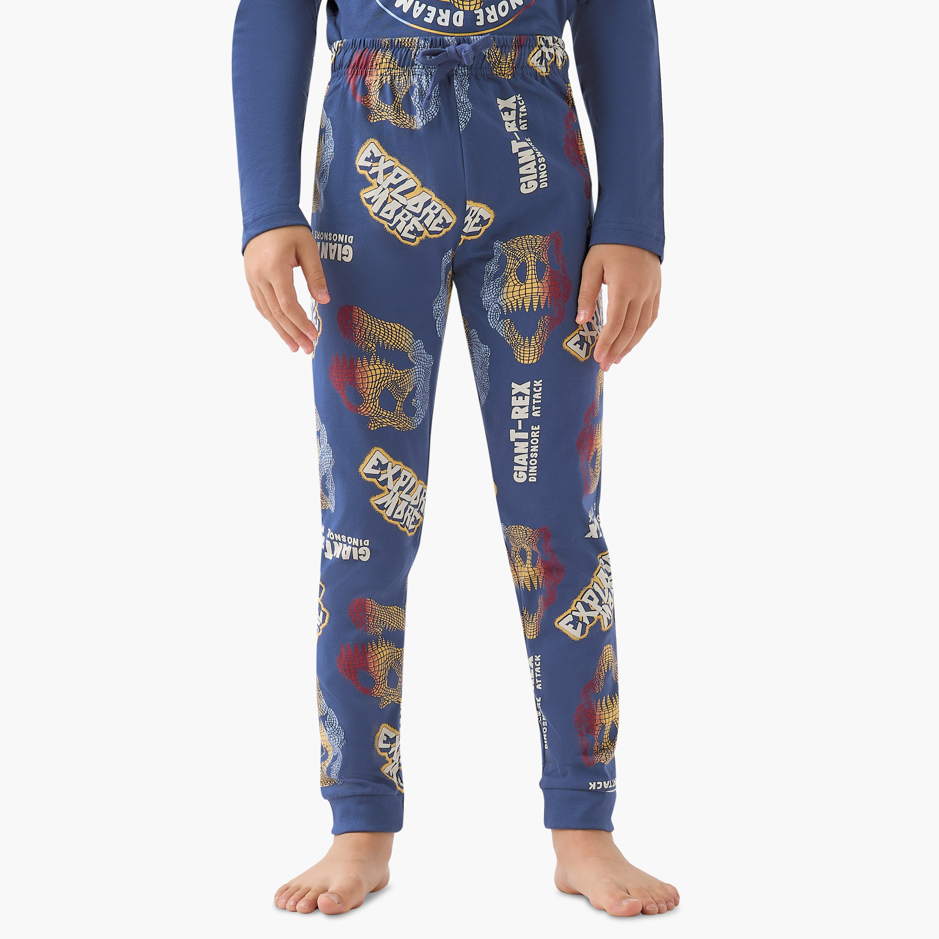 Juniors Cotton Crew Neck Long Sleeves Pyjama Set with Dinosaur Print-boys-clothing-nightwear-image-3