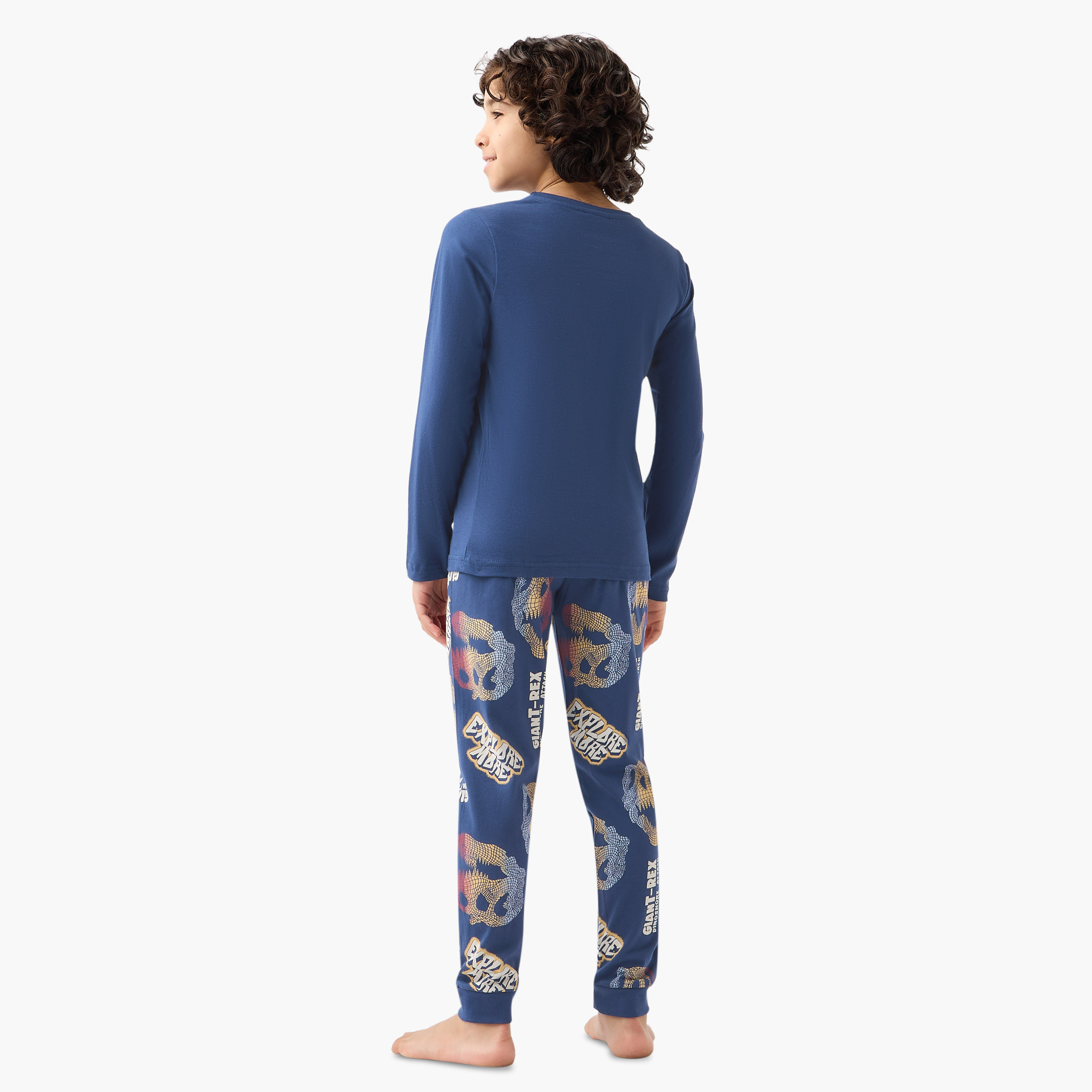 Juniors Cotton Crew Neck Long Sleeves Pyjama Set with Dinosaur Print-boys-clothing-nightwear-image-4