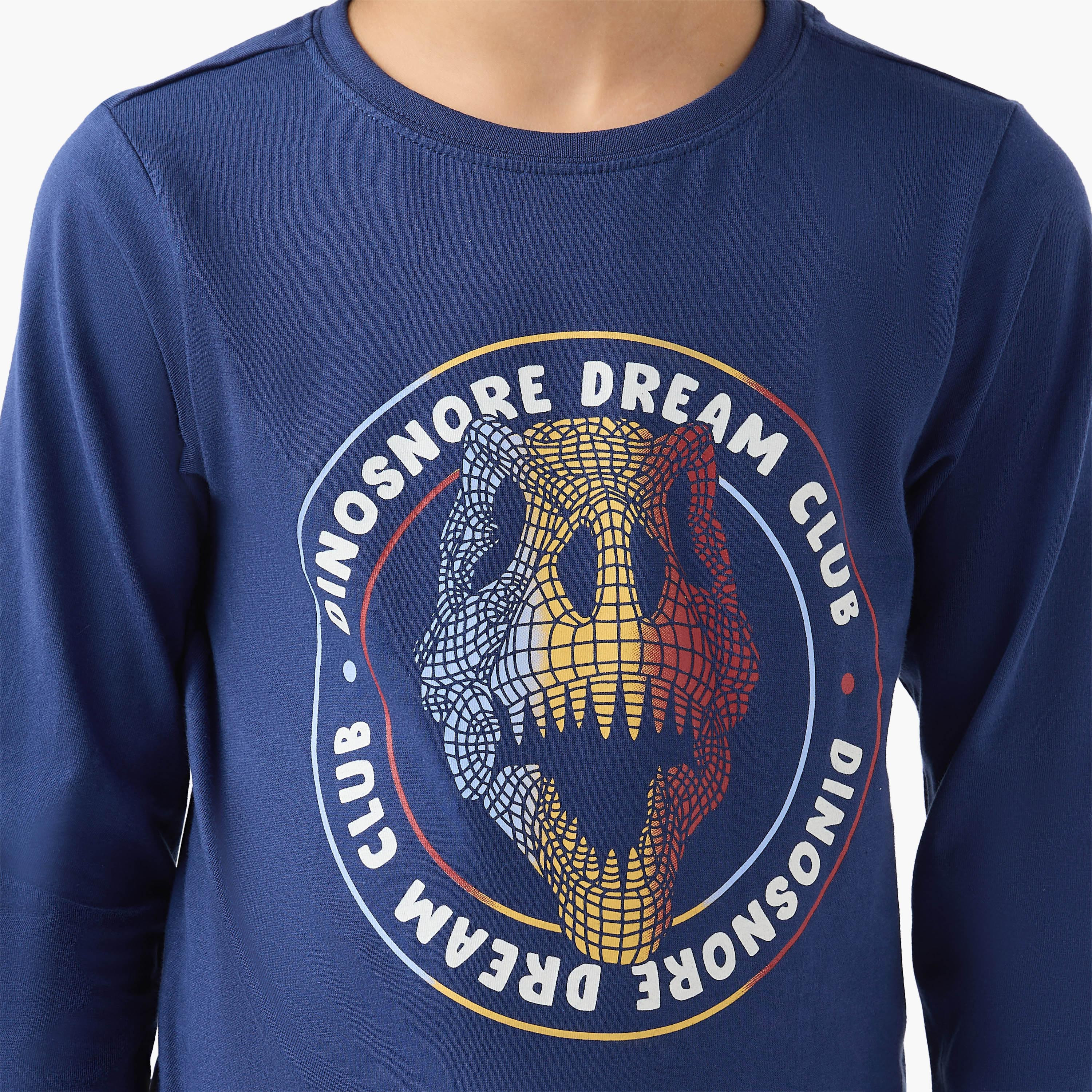 Juniors Cotton Crew Neck Long Sleeves Pyjama Set with Dinosaur Print-boys-clothing-nightwear-image-5