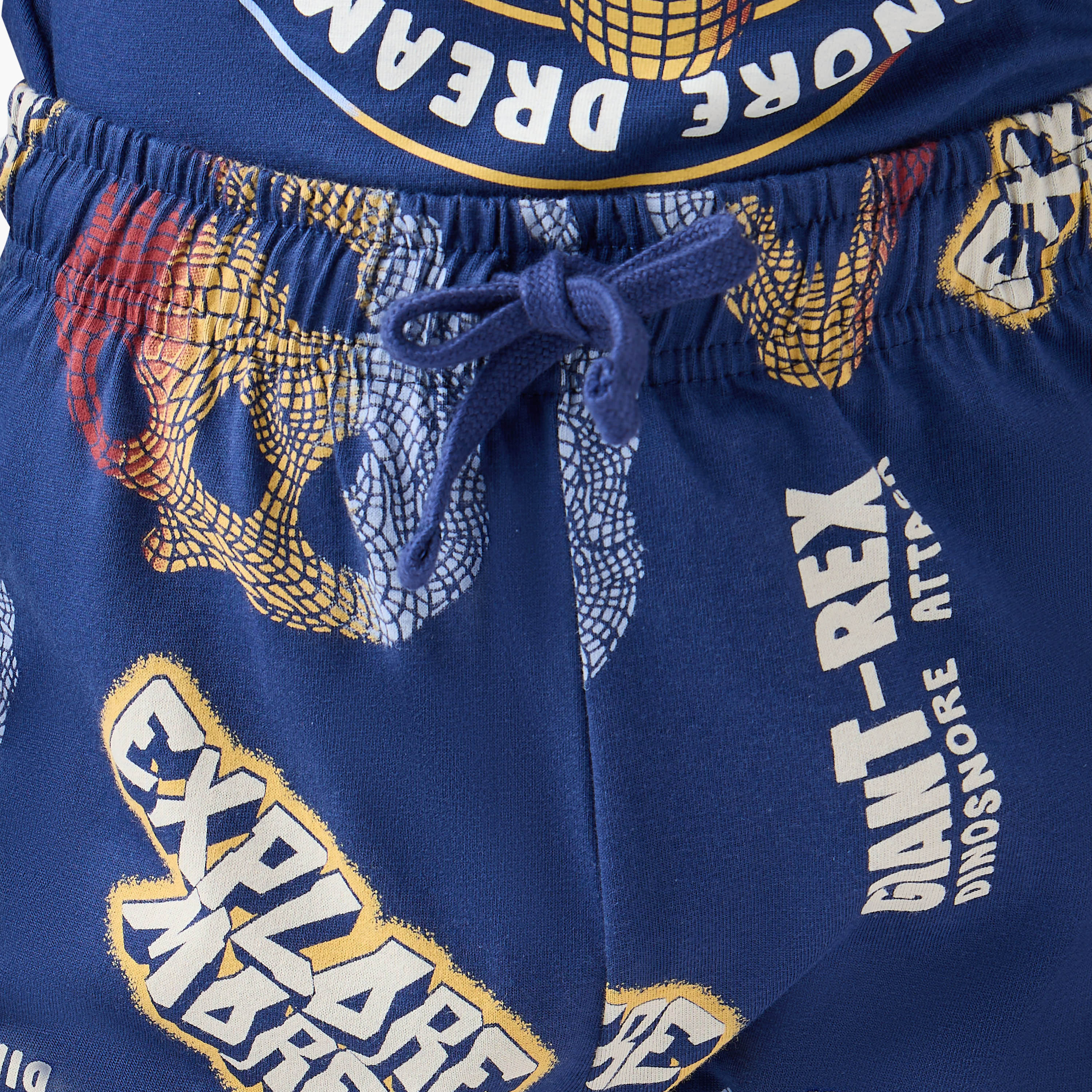 Juniors Cotton Crew Neck Long Sleeves Pyjama Set with Dinosaur Print-boys-clothing-nightwear-image-6