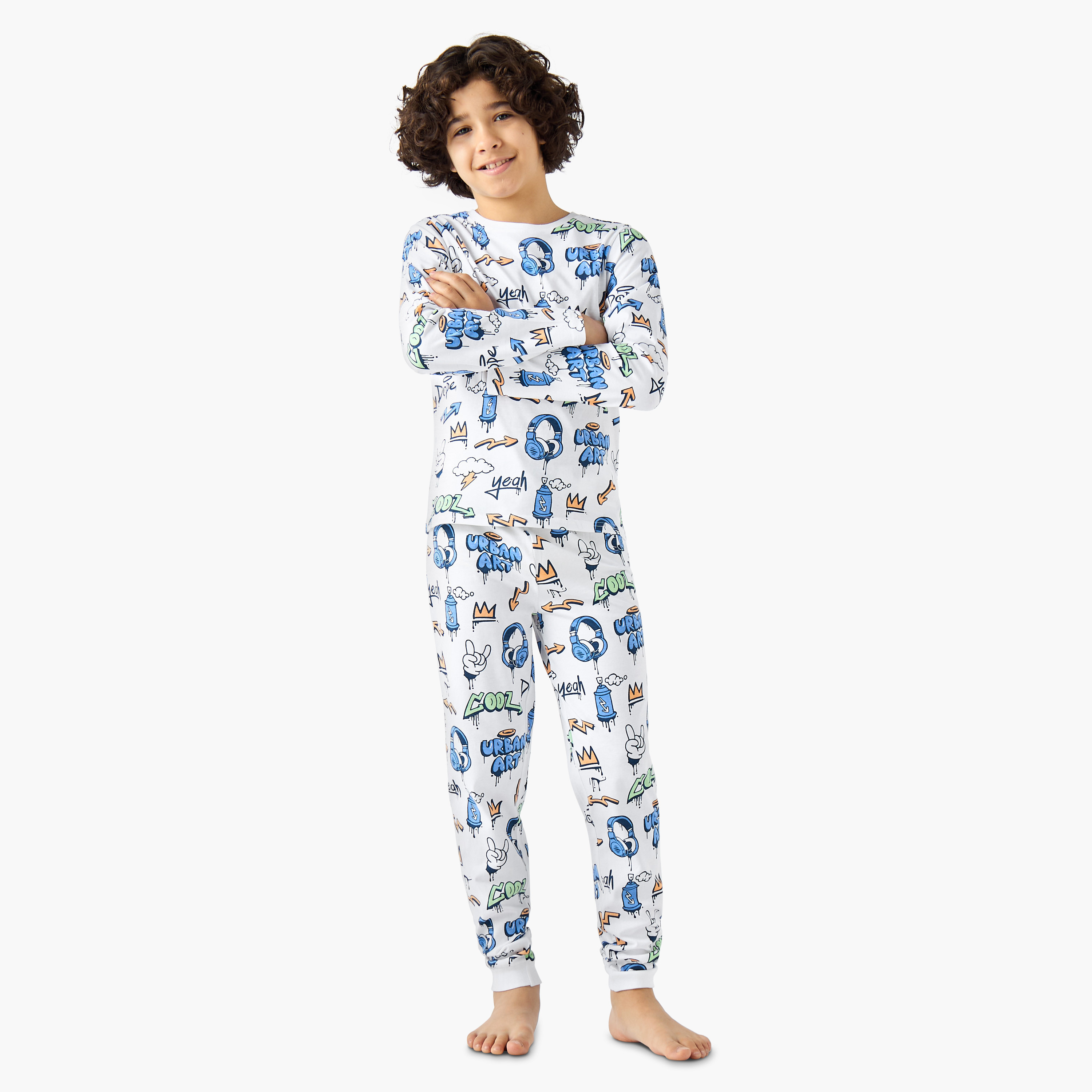 Juniors Cotton Crew Neck Long Sleeves Pyjama Set with Graphic Print-boys-clothing-nightwear-image-1