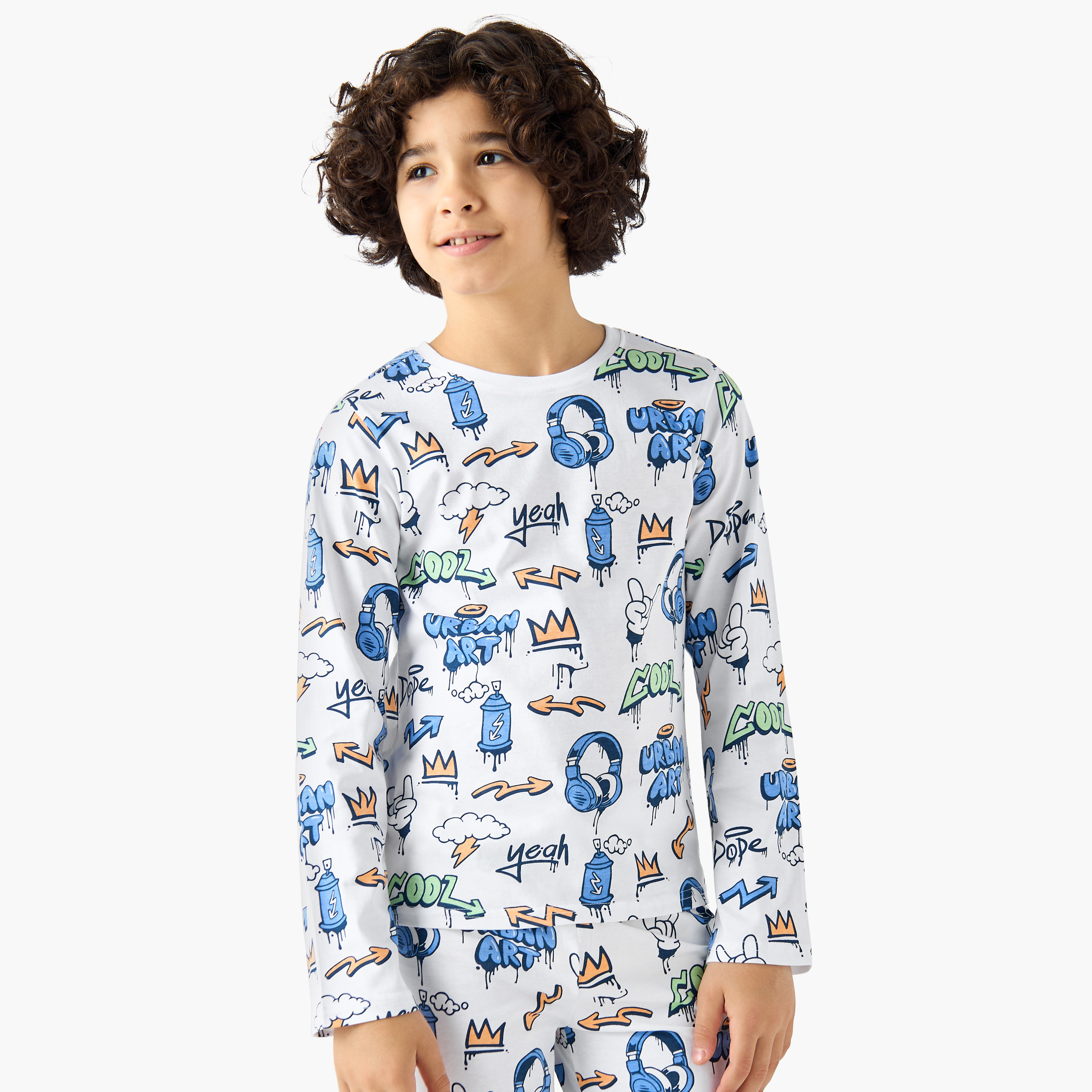 Juniors Cotton Crew Neck Long Sleeves Pyjama Set with Graphic Print-boys-clothing-nightwear-image-2