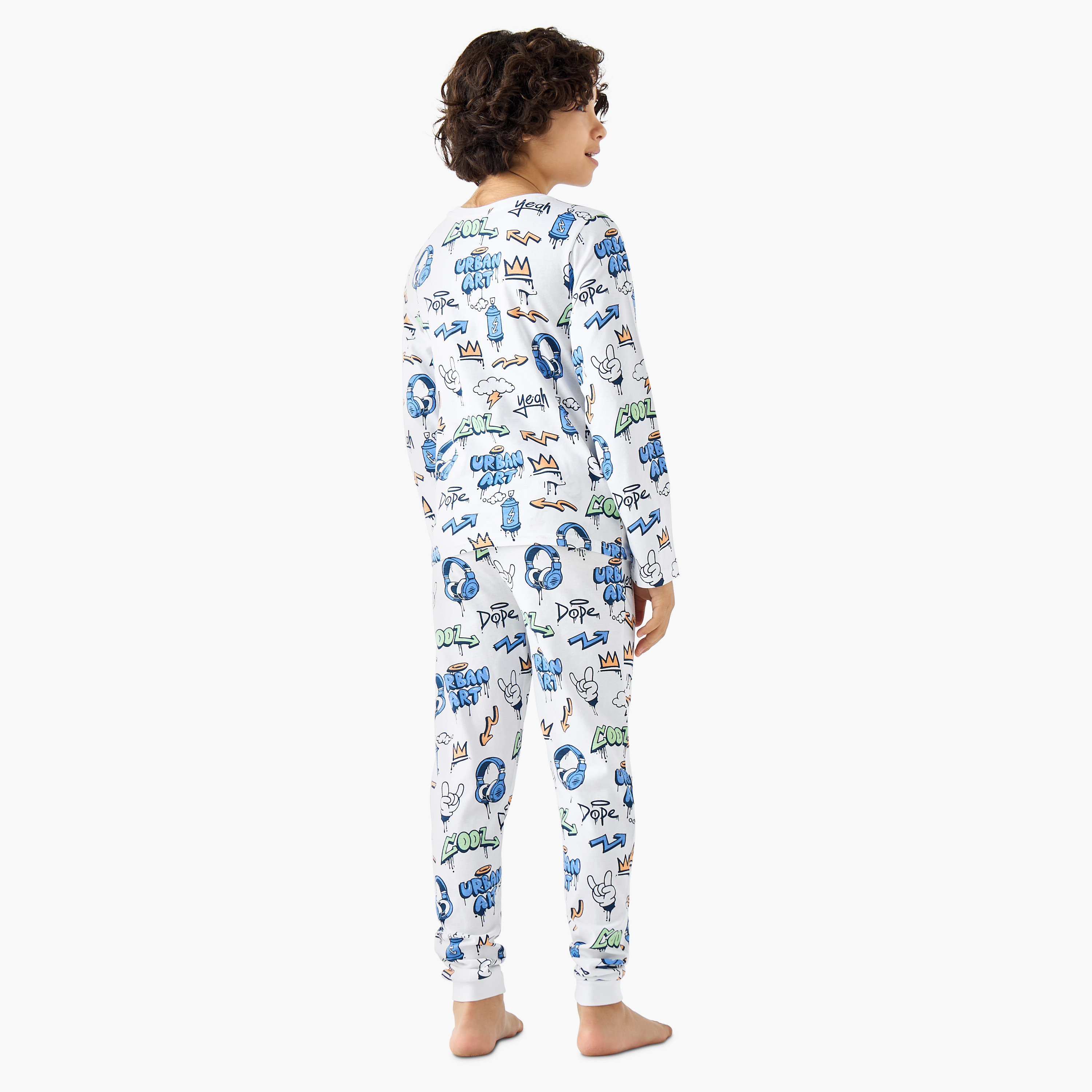 Juniors Cotton Crew Neck Long Sleeves Pyjama Set with Graphic Print-boys-clothing-nightwear-image-4