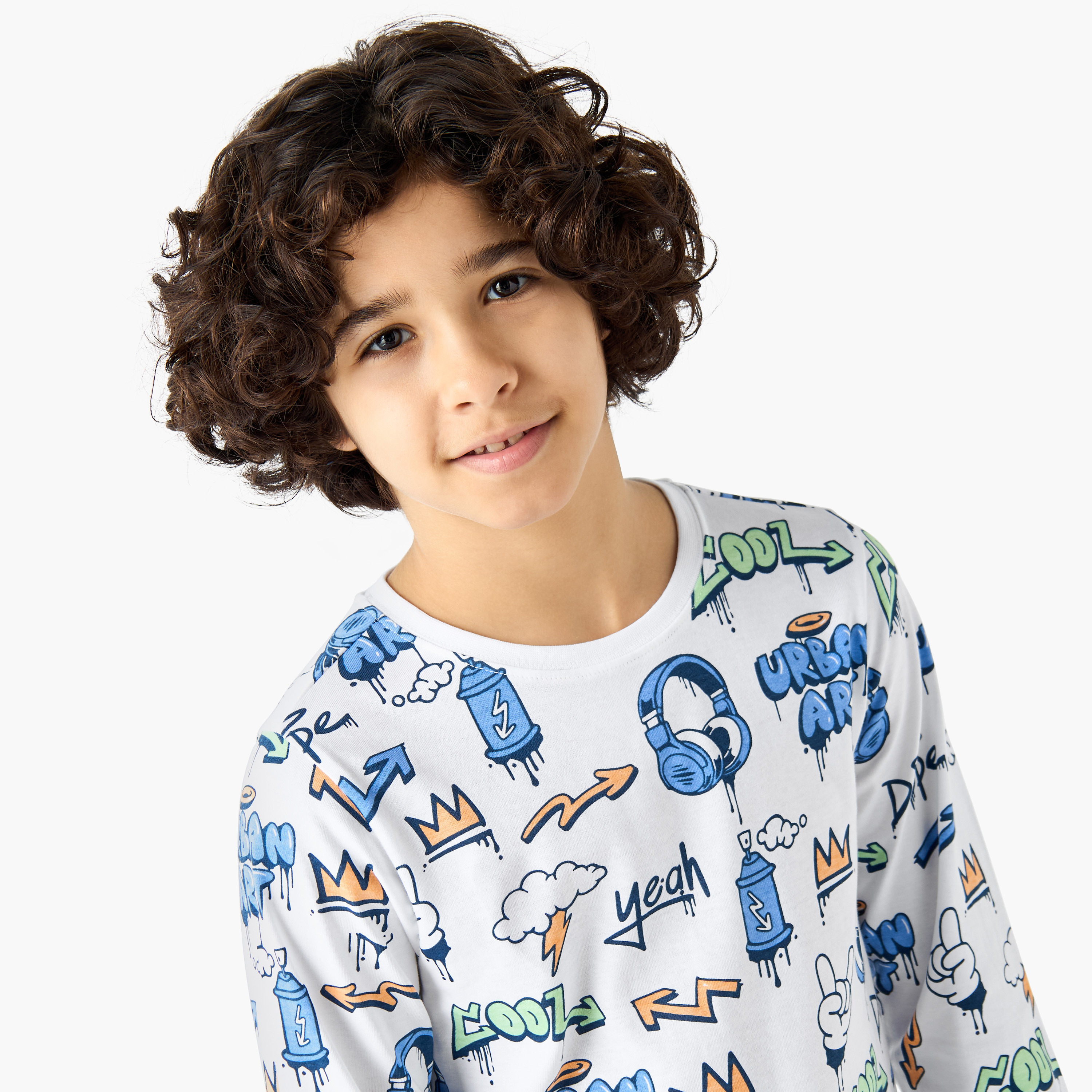 Juniors Cotton Crew Neck Long Sleeves Pyjama Set with Graphic Print-boys-clothing-nightwear-image-5