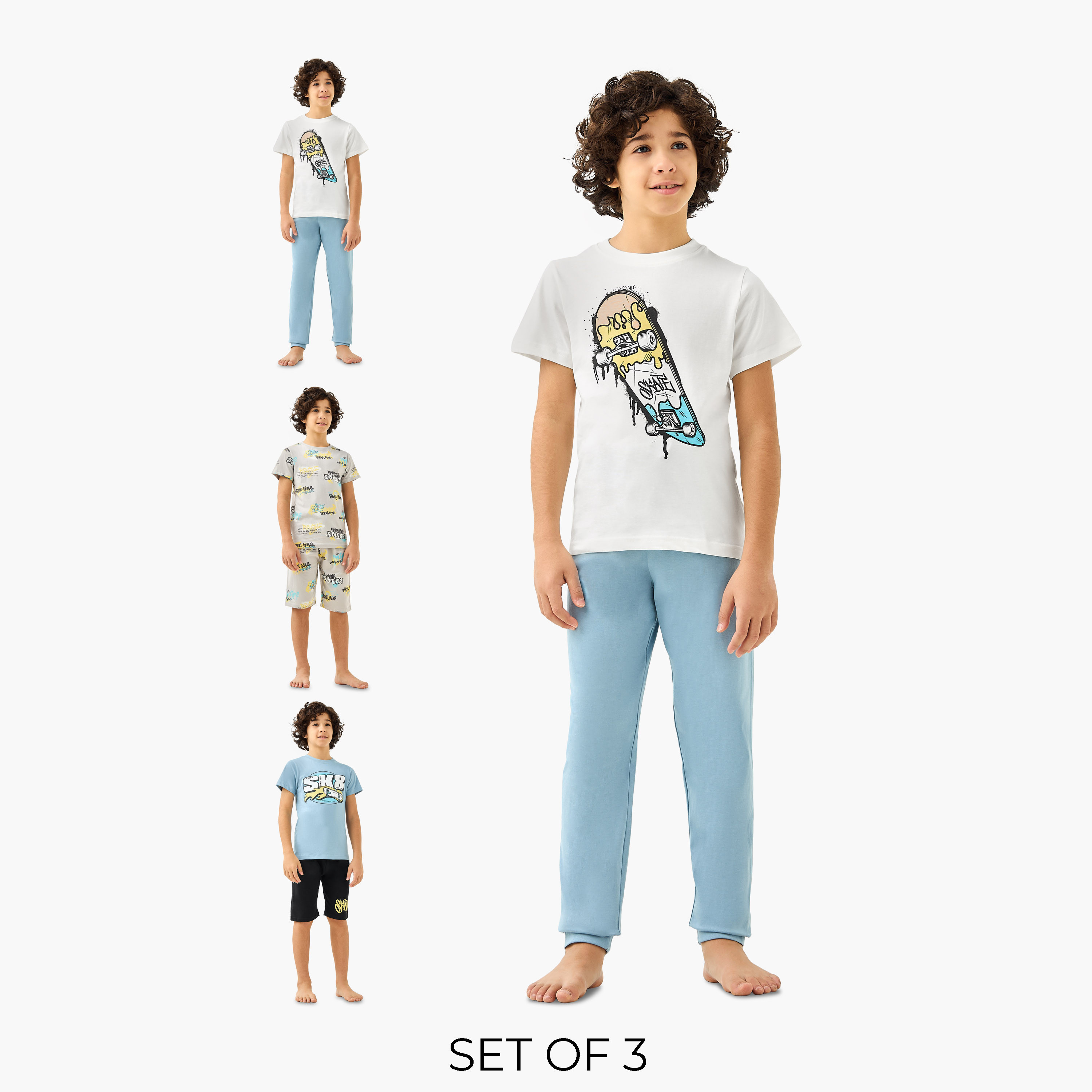 Juniors Skateboard Print T-shirt and Pyjamas - Set of 3-boys-clothing-nightwear-image-1