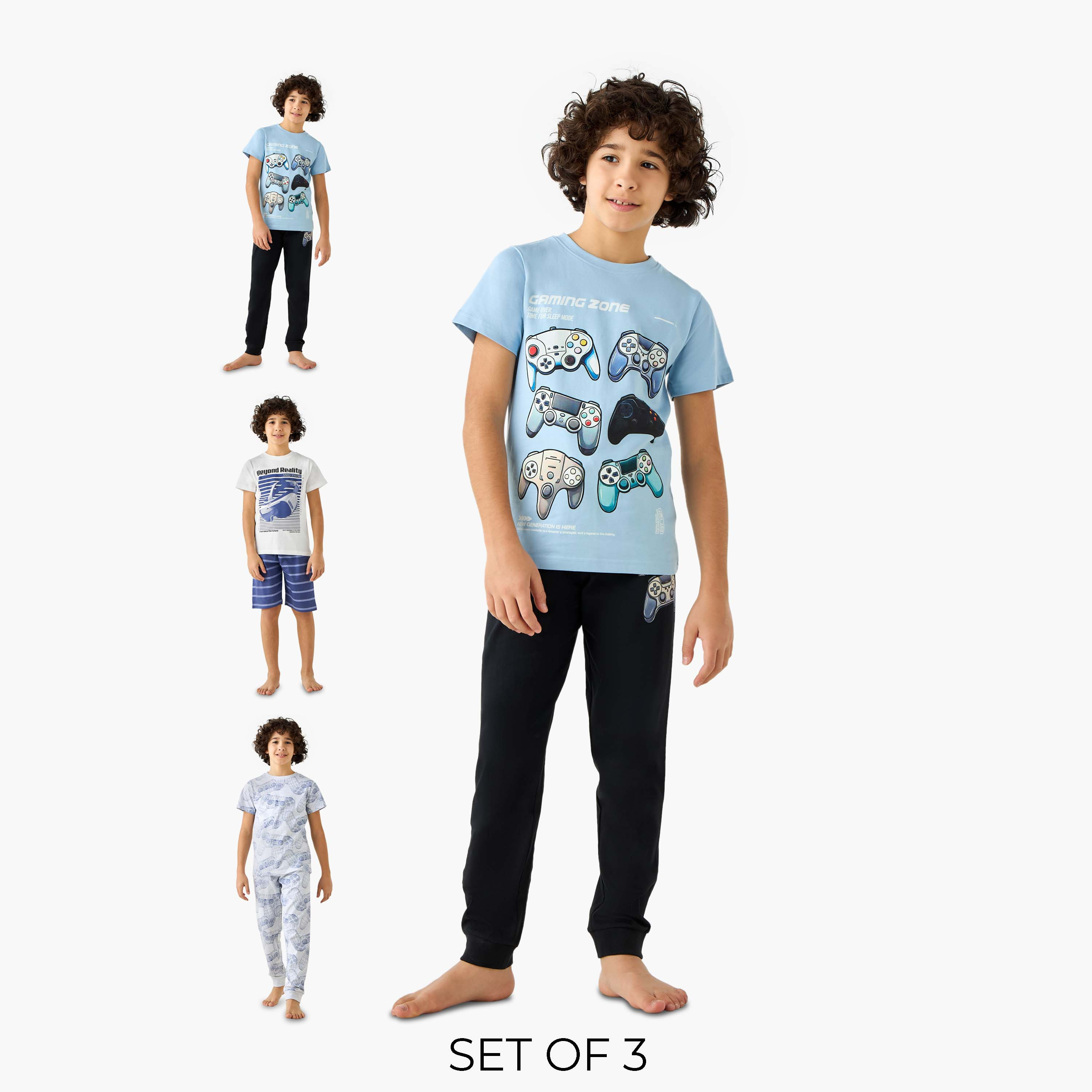 Juniors Gaming Controller Print T-shirt and Pyjamas - Set of 3-boys-clothing-nightwear-image-1