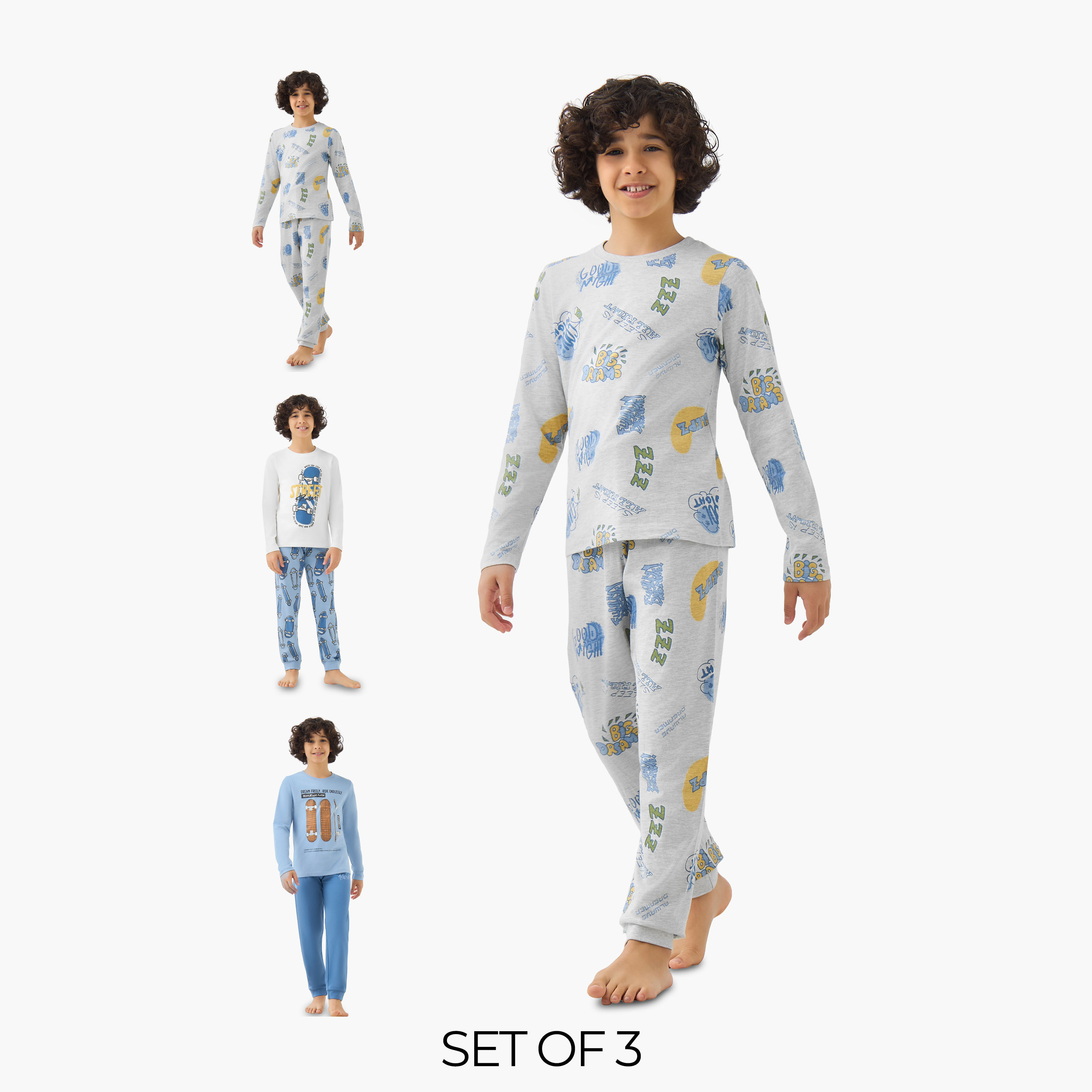 طقم من 3 بيجاما قطن بياقة مستديرة وأكمام طويلة وطبعات من جونيورز-boys-clothing-nightwear-image-1