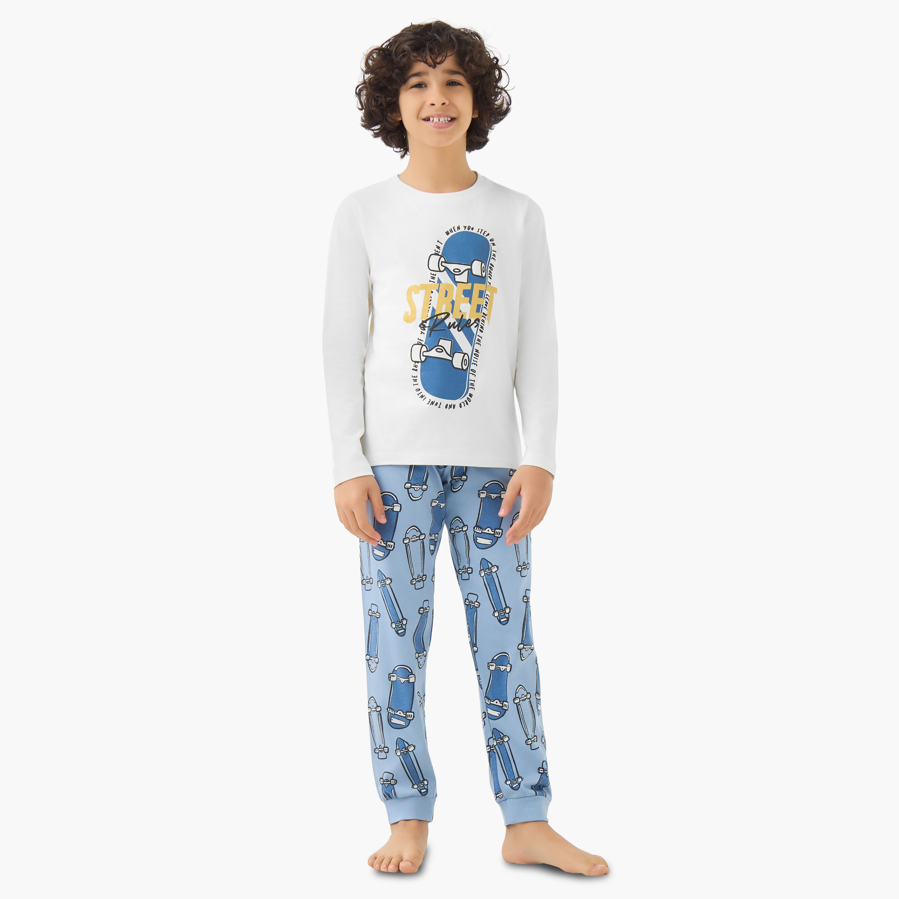 طقم من 3 بيجاما قطن بياقة مستديرة وأكمام طويلة وطبعات من جونيورز-boys-clothing-nightwear-image-2