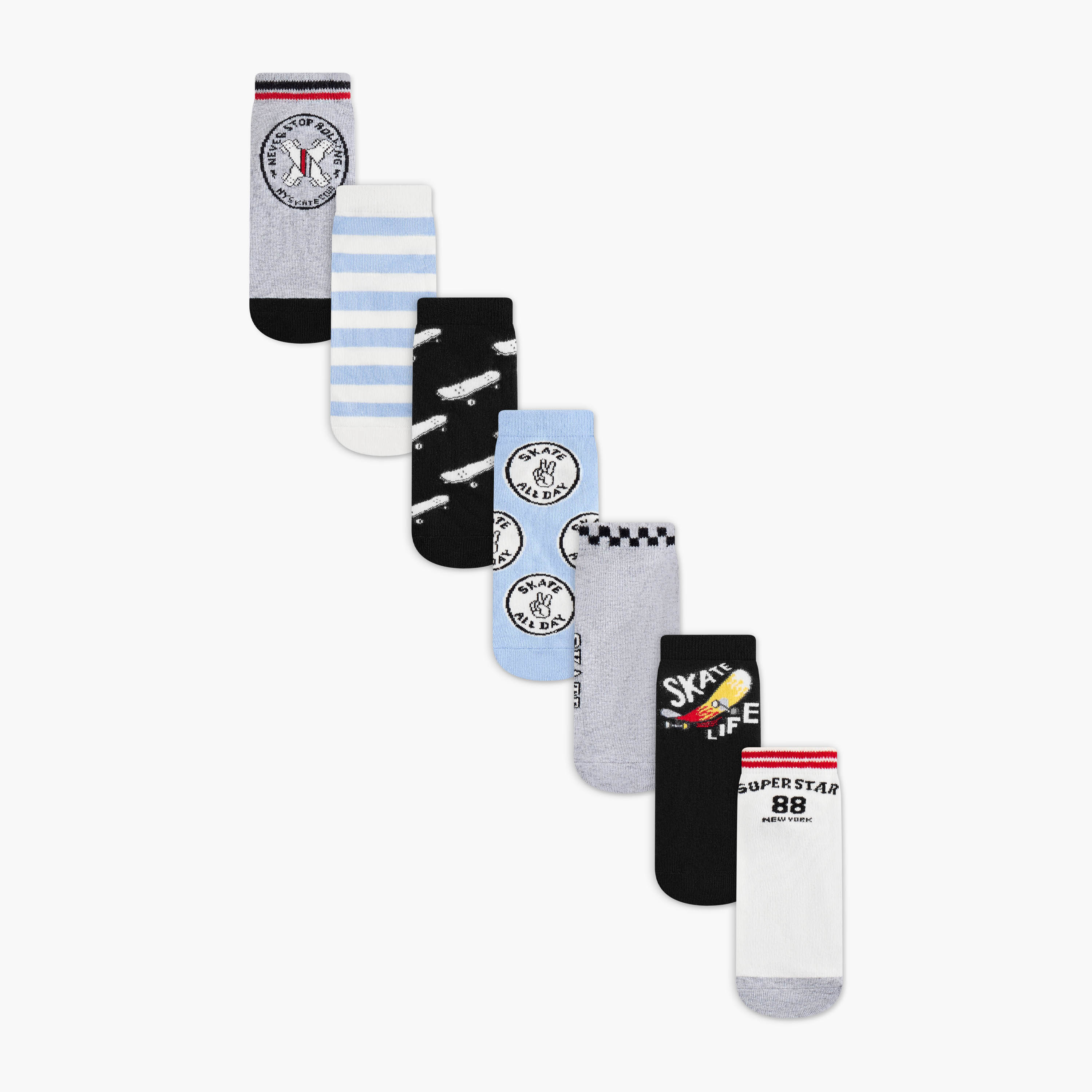Juniors Skateboard Print Ankle Length Socks - Set of 7-boys-accessories-socks-image-1