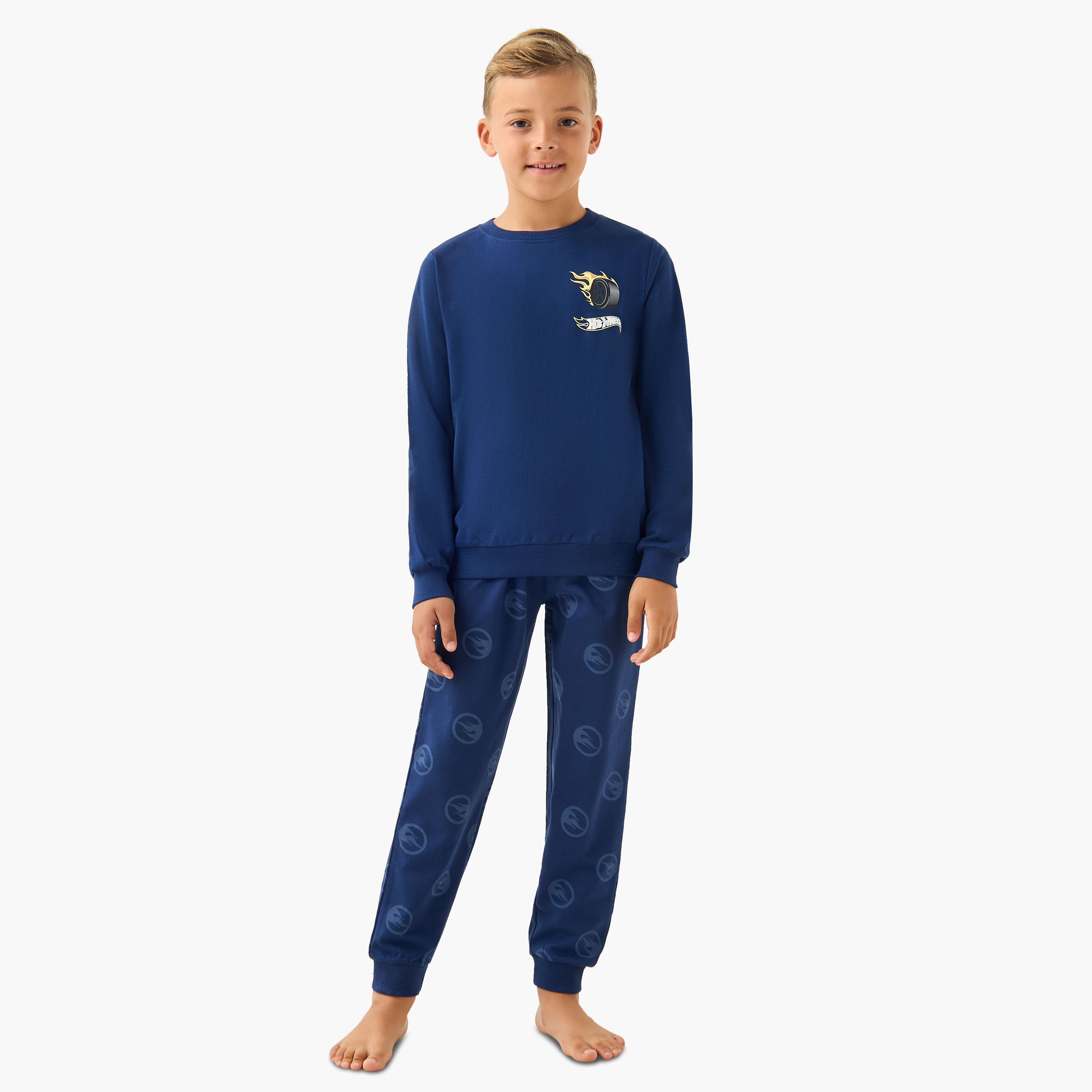 Cotton Crew Neck Long Sleeves Pyjama Set with Hot Wheels Print-boys-clothing-nightwear-image-1