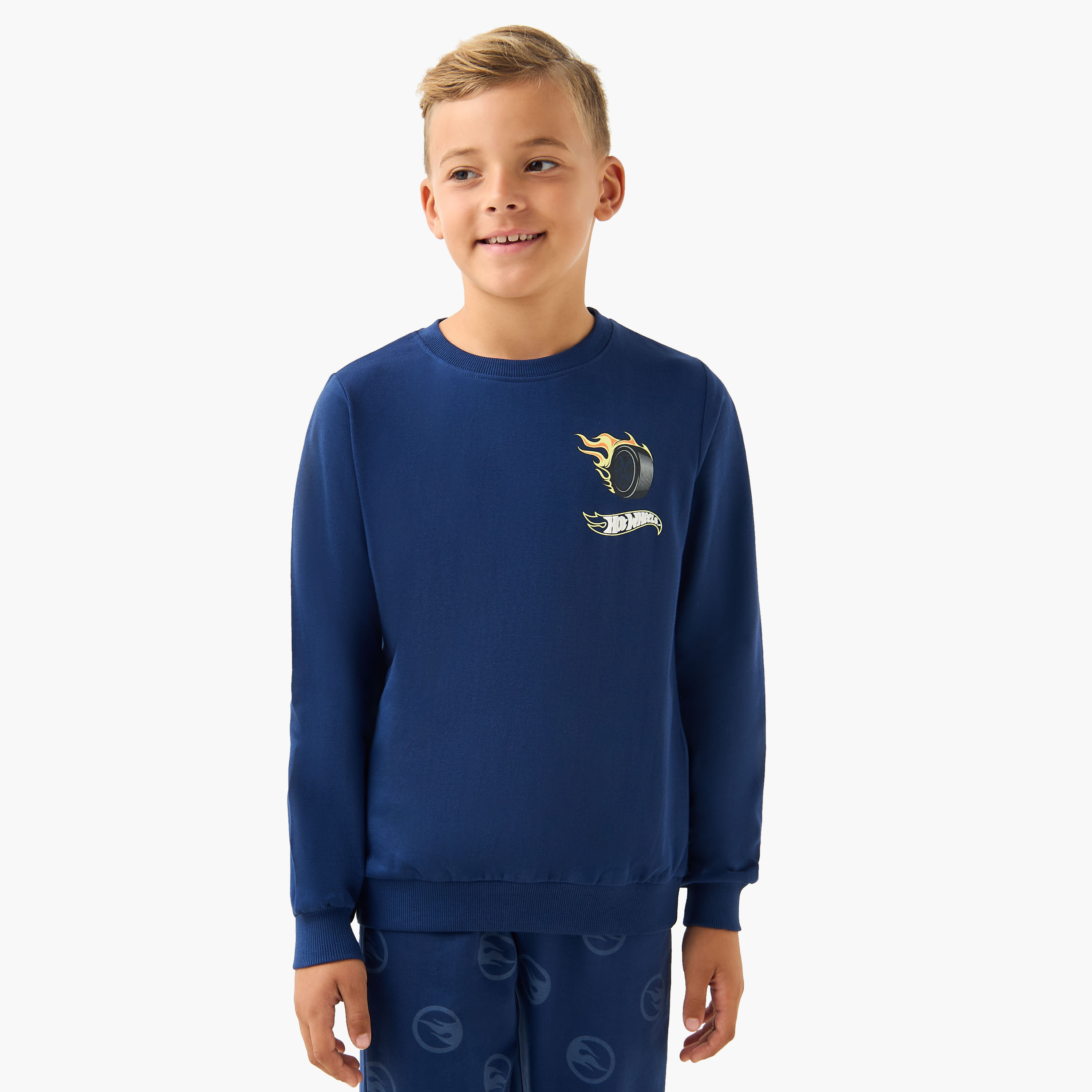Cotton Crew Neck Long Sleeves Pyjama Set with Hot Wheels Print-boys-clothing-nightwear-image-2
