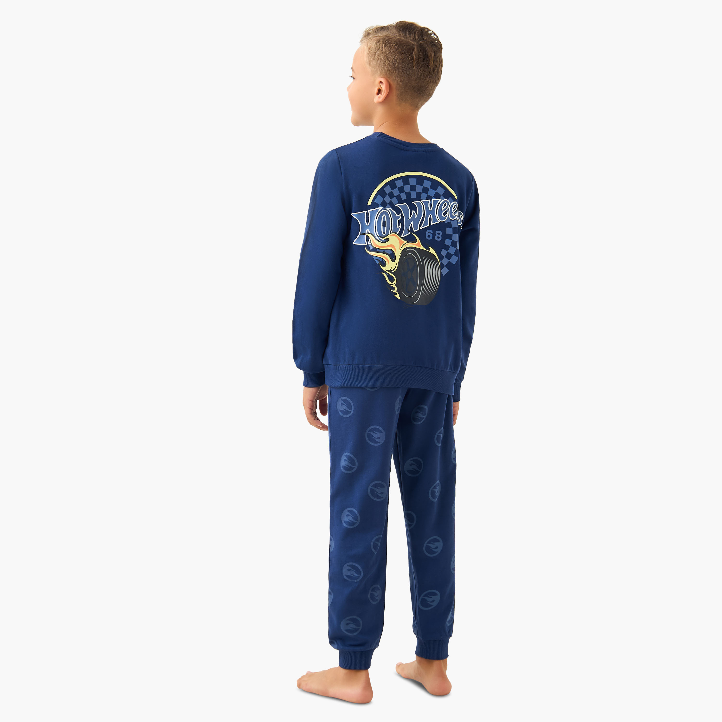Cotton Crew Neck Long Sleeves Pyjama Set with Hot Wheels Print-boys-clothing-nightwear-image-4
