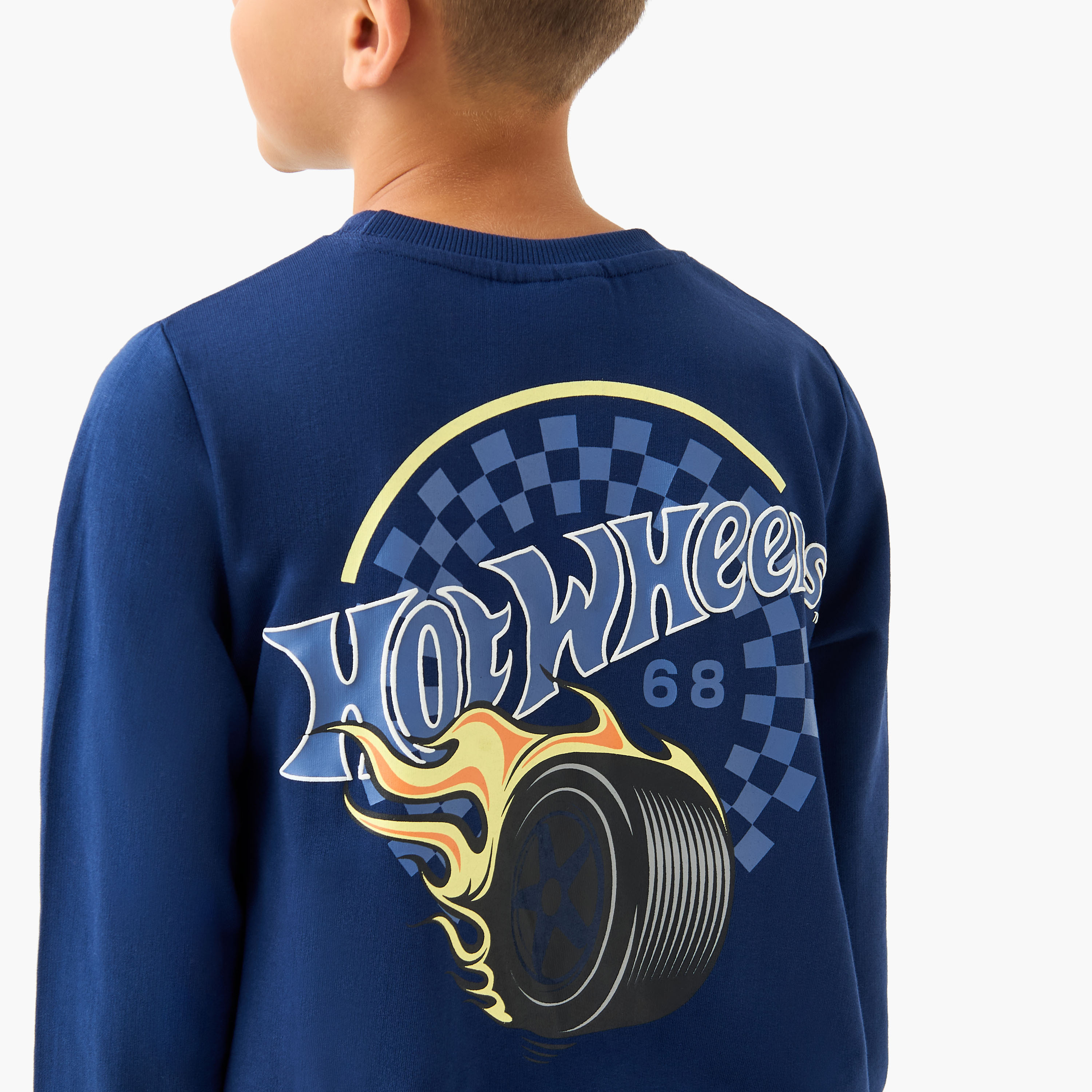 Cotton Crew Neck Long Sleeves Pyjama Set with Hot Wheels Print-boys-clothing-nightwear-image-5