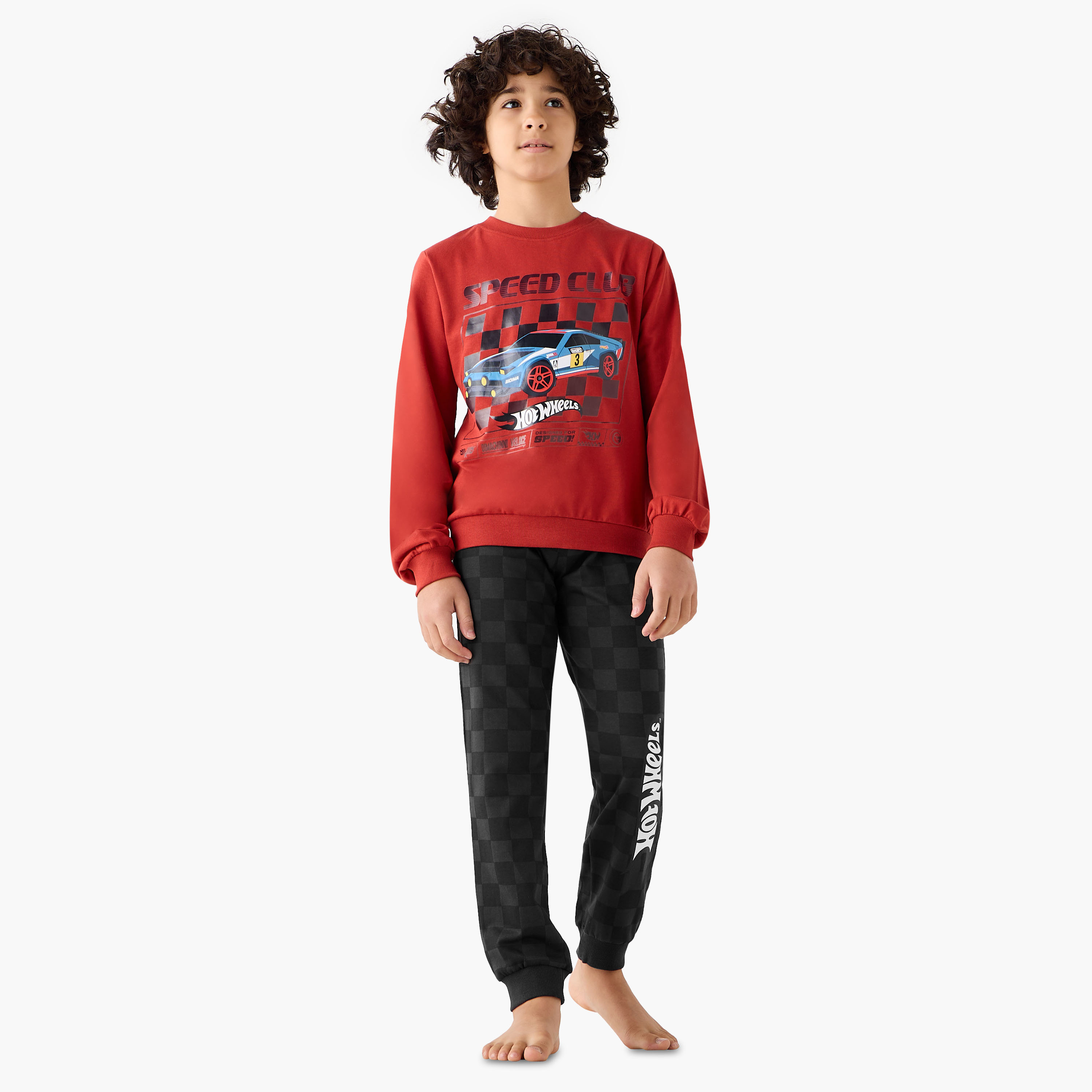 Cotton Crew Neck Long Sleeve Pyjama Set with Hot Wheels Print-boys-clothing-nightwear-image-1