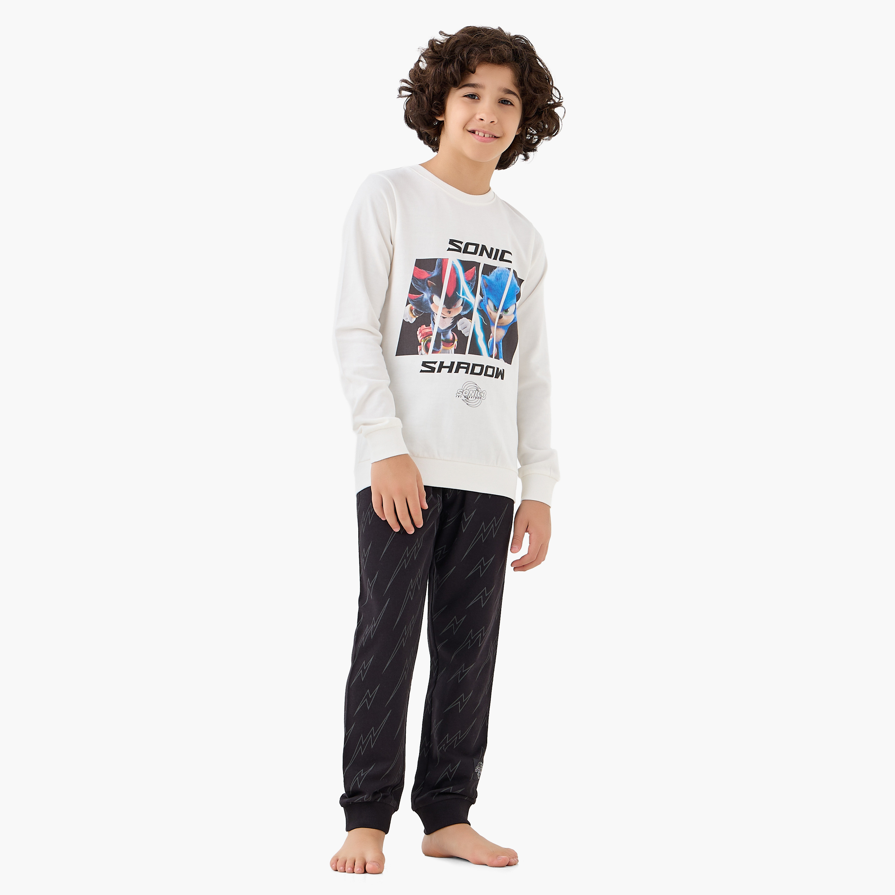 Cotton Crew Neck Long Sleeve Pyjama Set with Sonic the Hedgehog Print-boys-clothing-nightwear-image-1