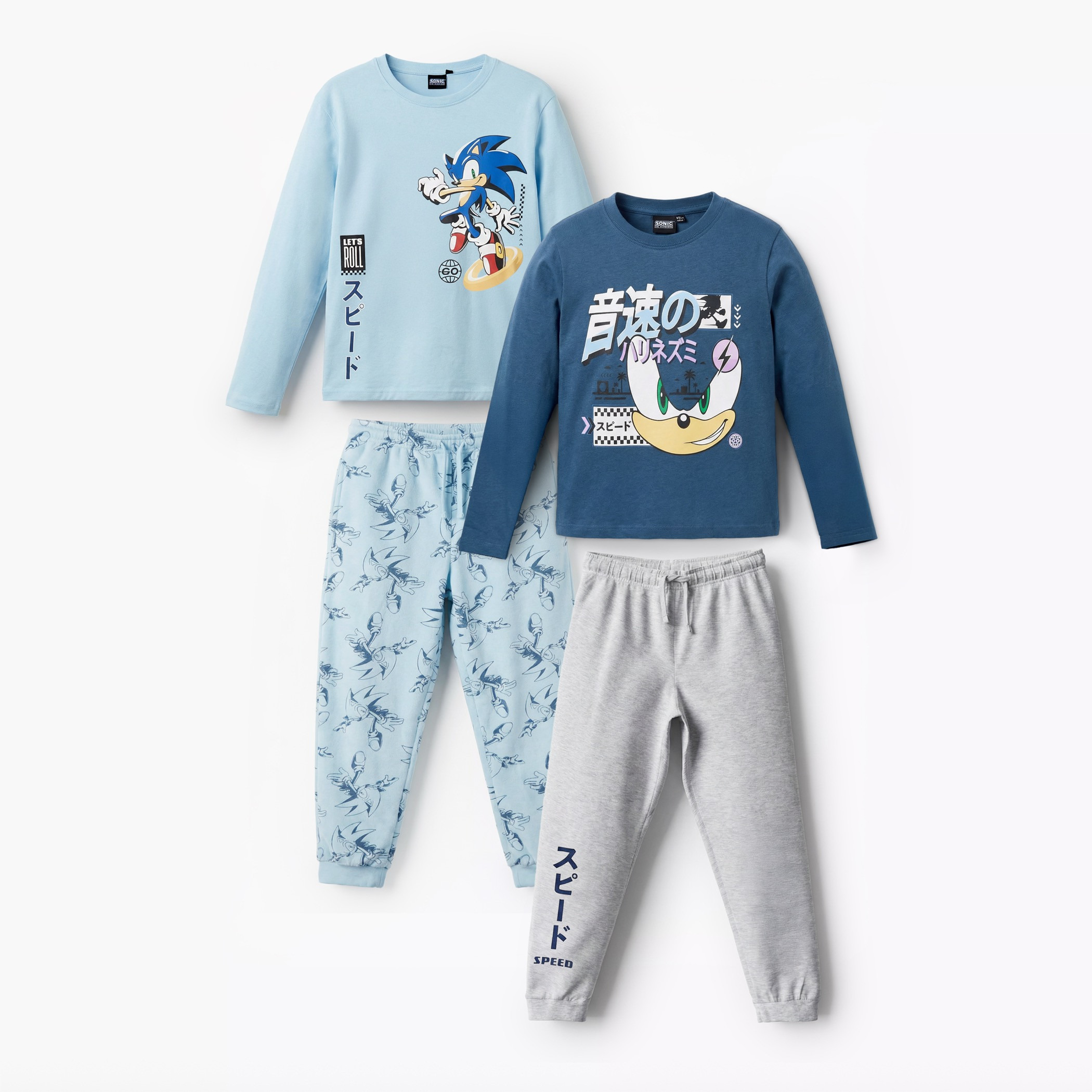 Pack of 2 Cotton Round Neck Long Sleeve Pyjama Set with Sonic Print-boys-clothing-nightwear-image-1