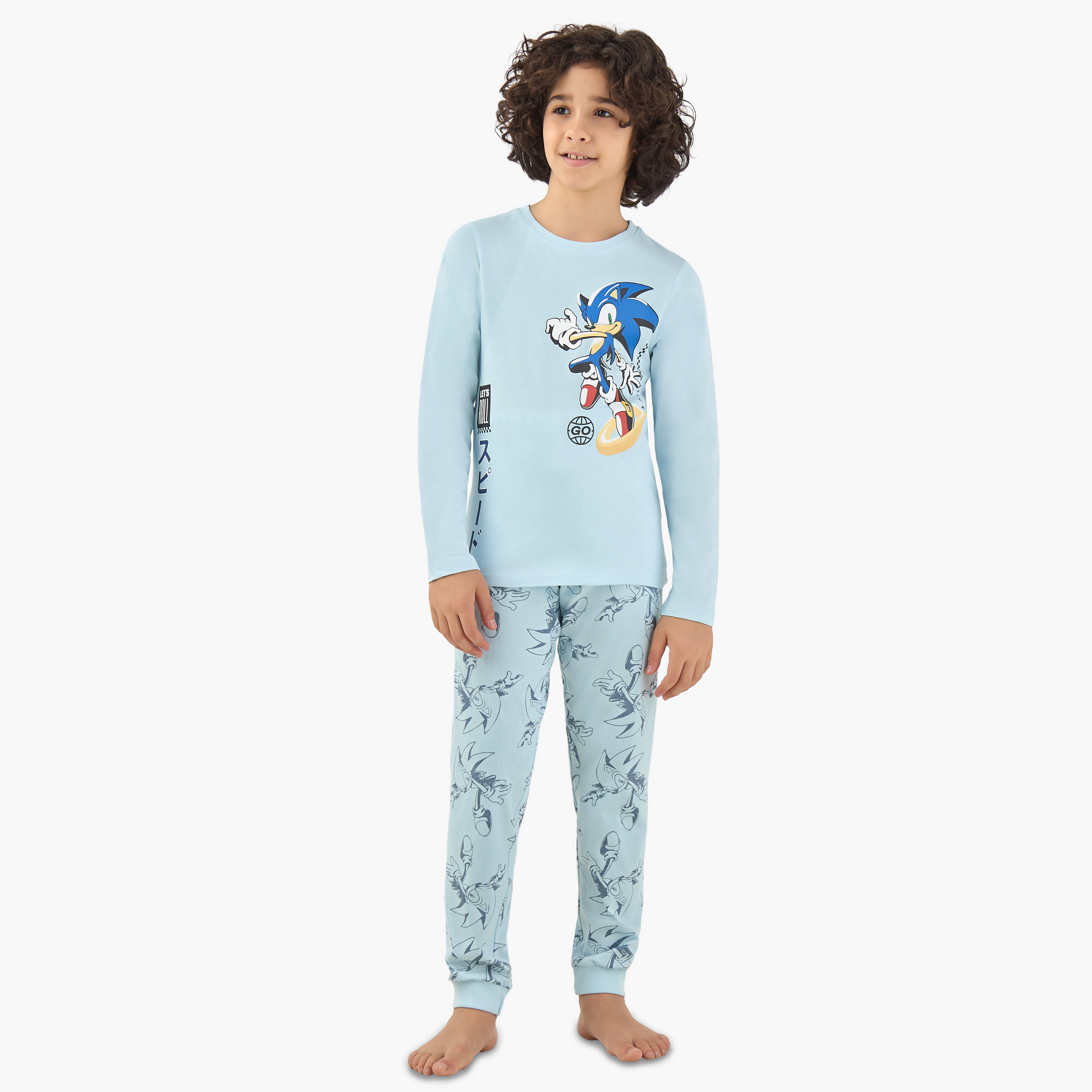 Pack of 2 Cotton Round Neck Long Sleeve Pyjama Set with Sonic Print-boys-clothing-nightwear-image-2