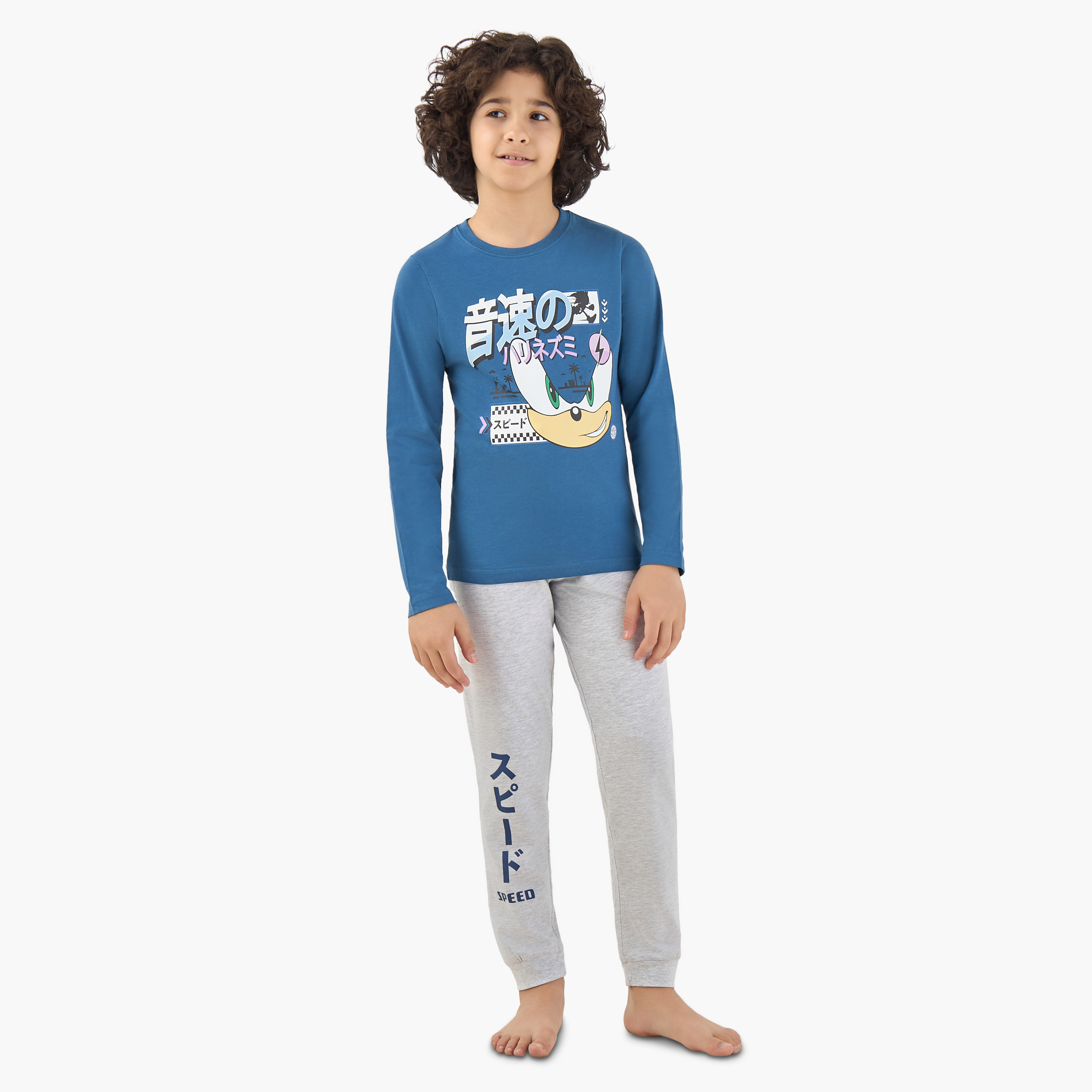 Pack of 2 Cotton Round Neck Long Sleeve Pyjama Set with Sonic Print-boys-clothing-nightwear-image-3