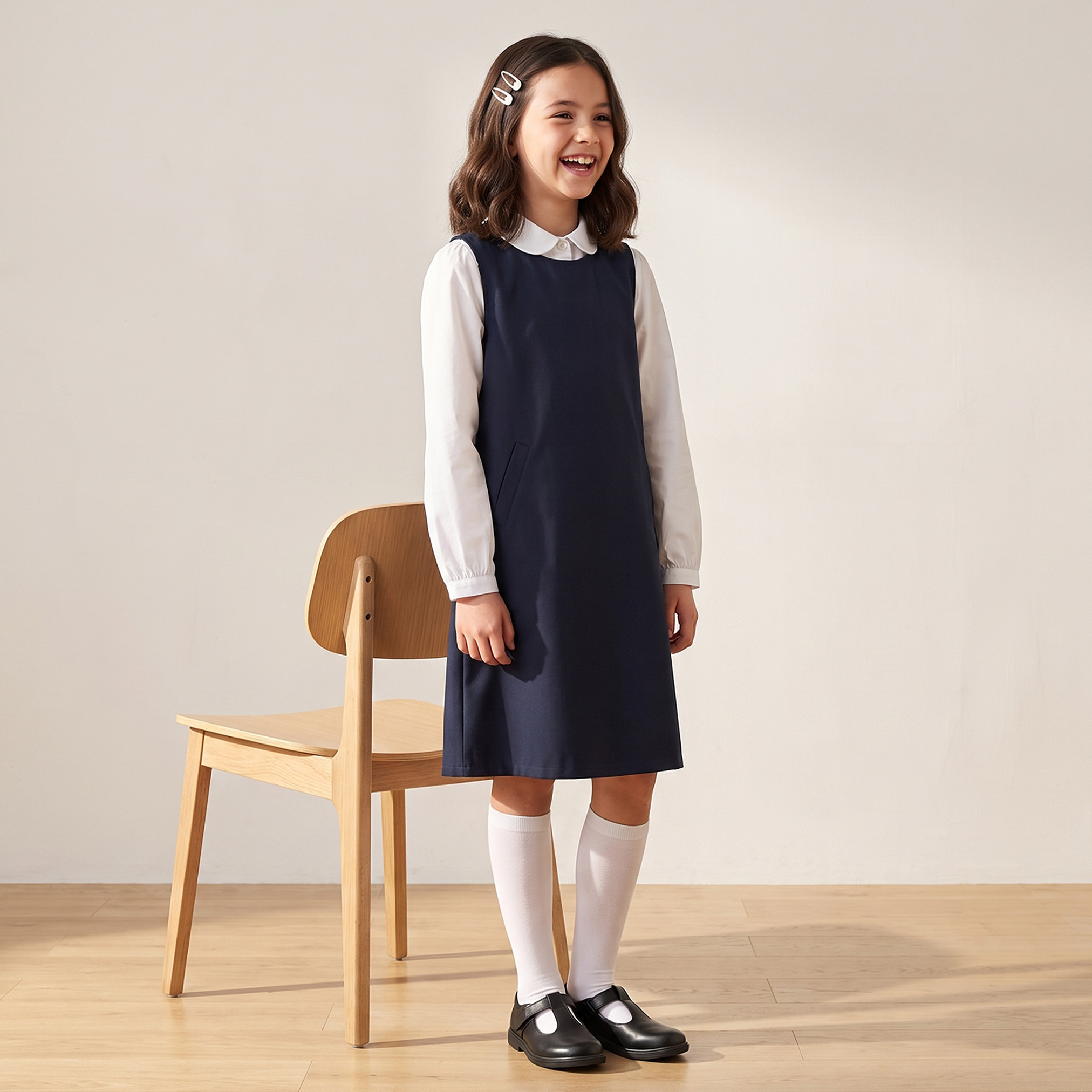 Juniors Navy School Pinafore and Shirt with Long Sleeves - Girls-girls-clothing-schoolwear-dresses-image-1