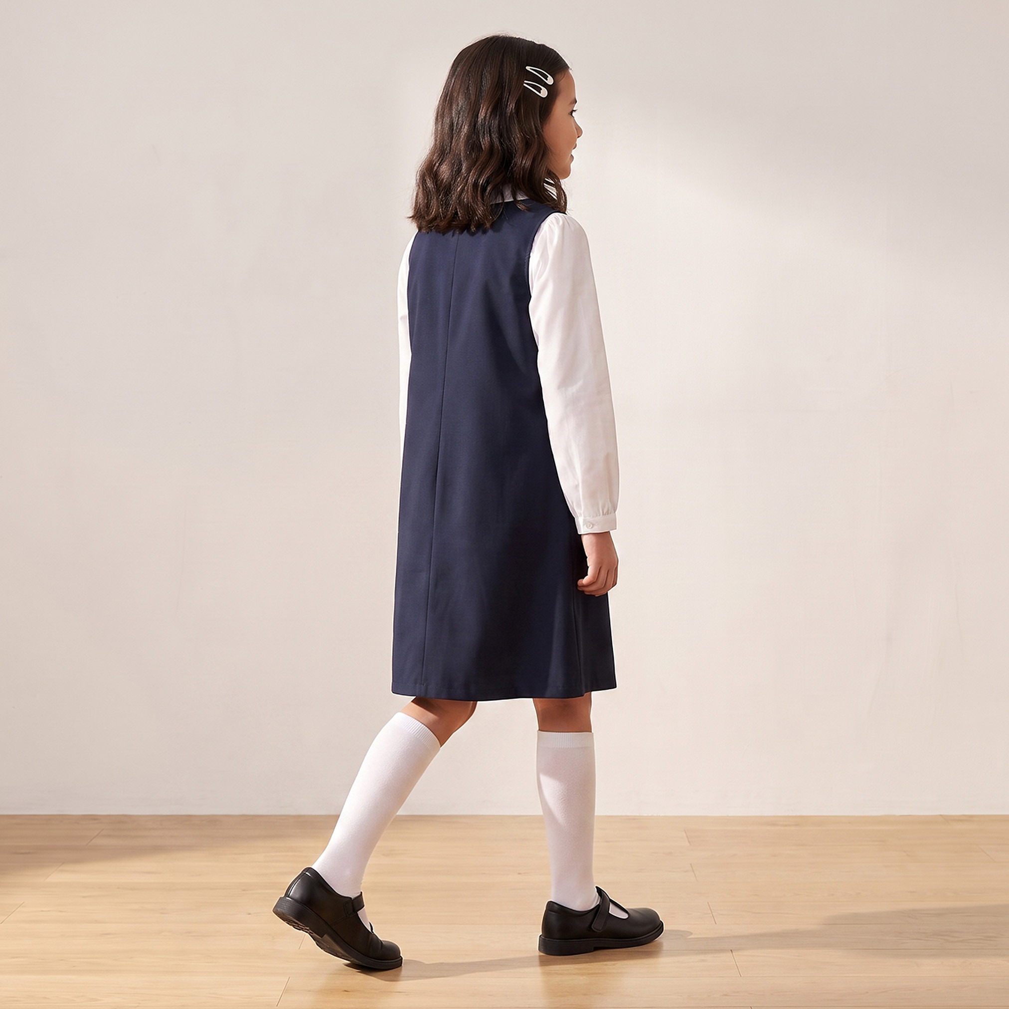 Juniors Navy School Pinafore and Shirt with Long Sleeves - Girls-girls-clothing-schoolwear-dresses-image-2