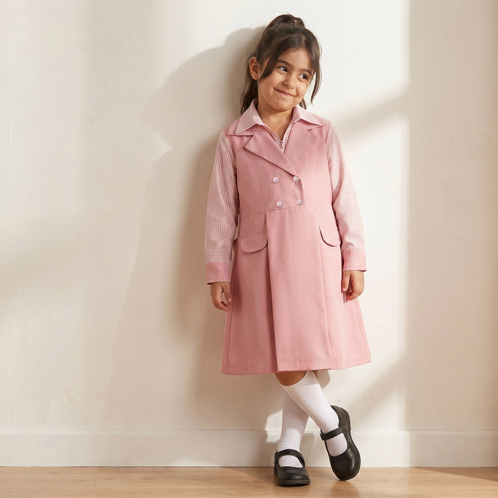 Juniors Pink School Dress with Long Sleeves - Girls-girls-clothing-schoolwear-dresses-image-1