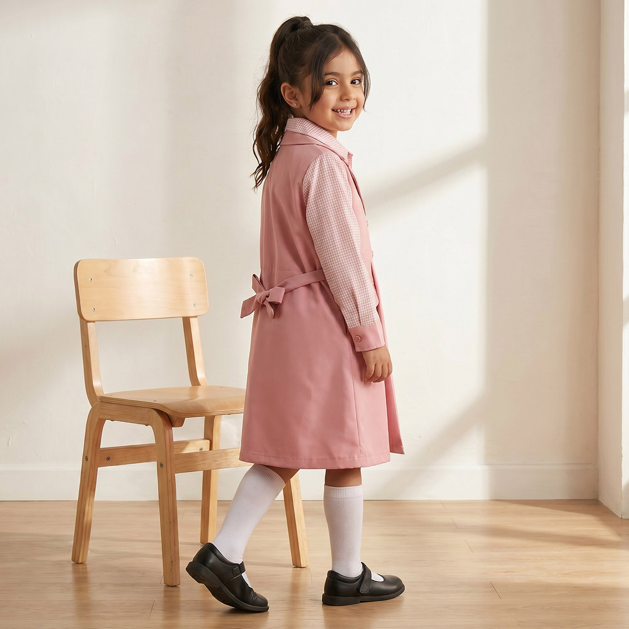 Juniors Pink School Dress with Long Sleeves - Girls-girls-clothing-schoolwear-dresses-image-2