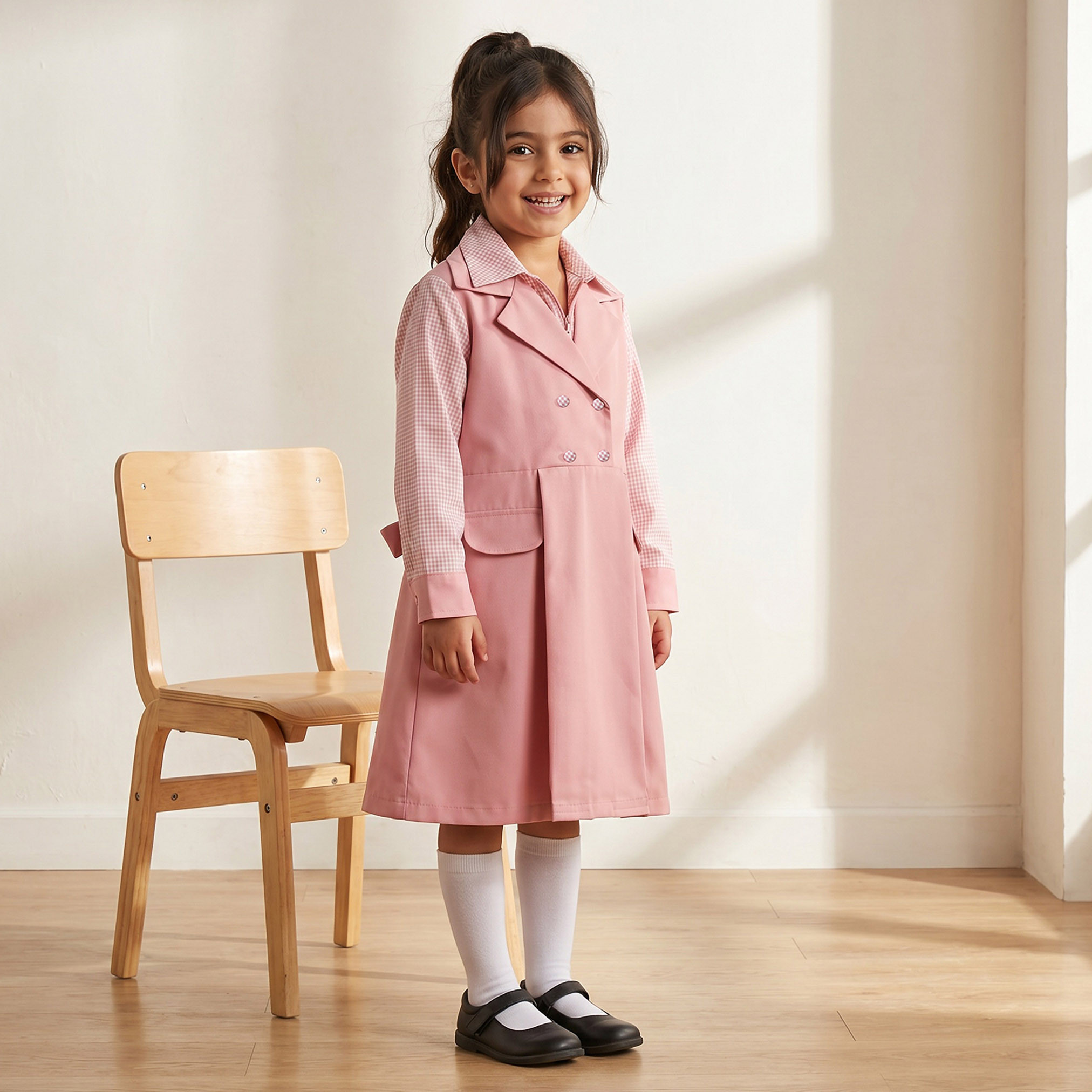 Juniors Pink School Dress with Long Sleeves - Girls-girls-clothing-schoolwear-dresses-image-6