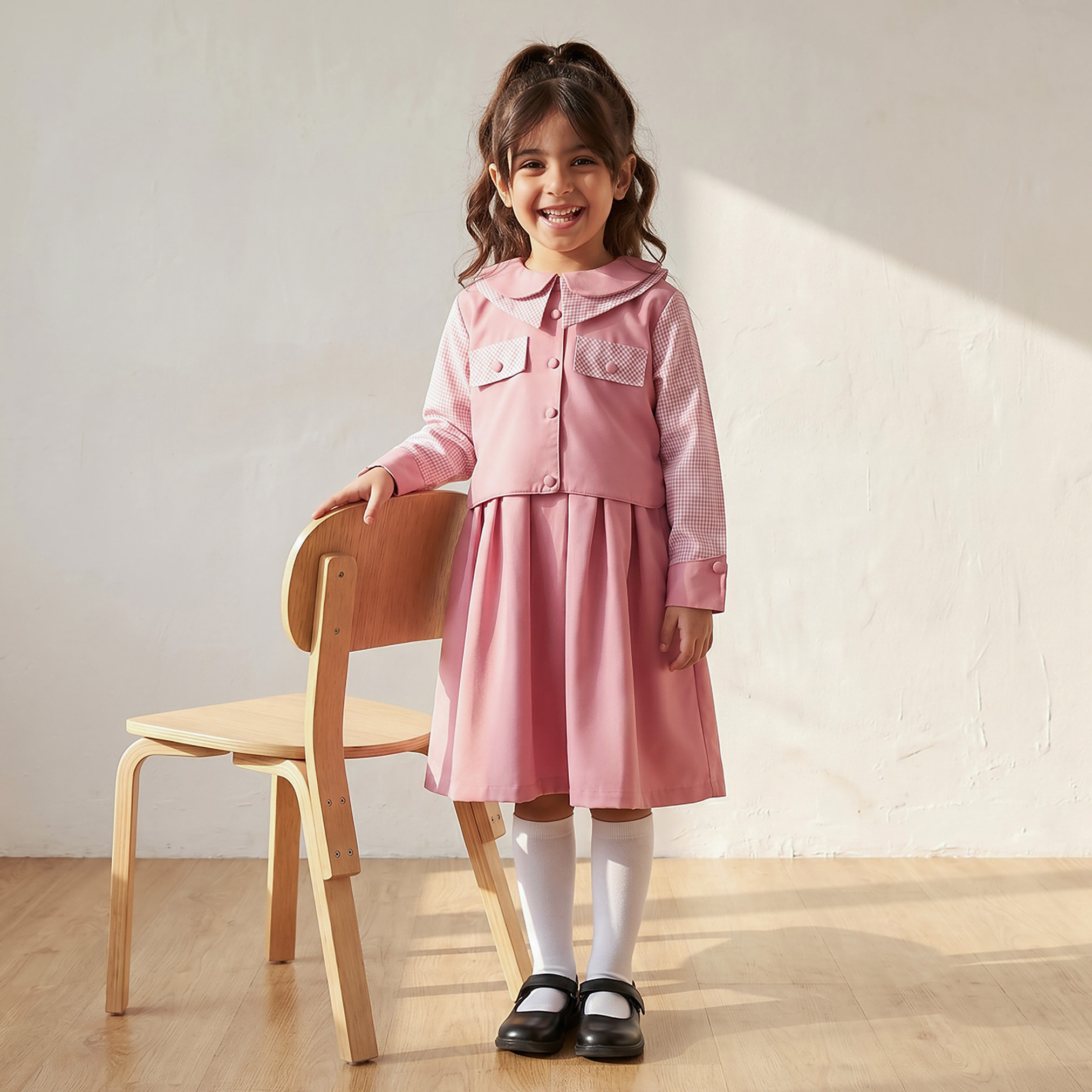 Juniors Pink School Dress with Peter Pan Collar - Girls-girls-clothing-schoolwear-dresses-image-1