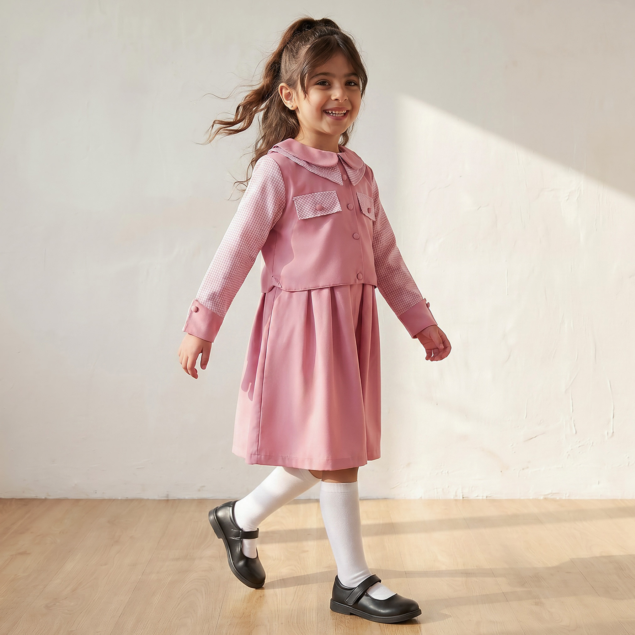 Juniors Pink School Dress with Peter Pan Collar - Girls-girls-clothing-schoolwear-dresses-image-4
