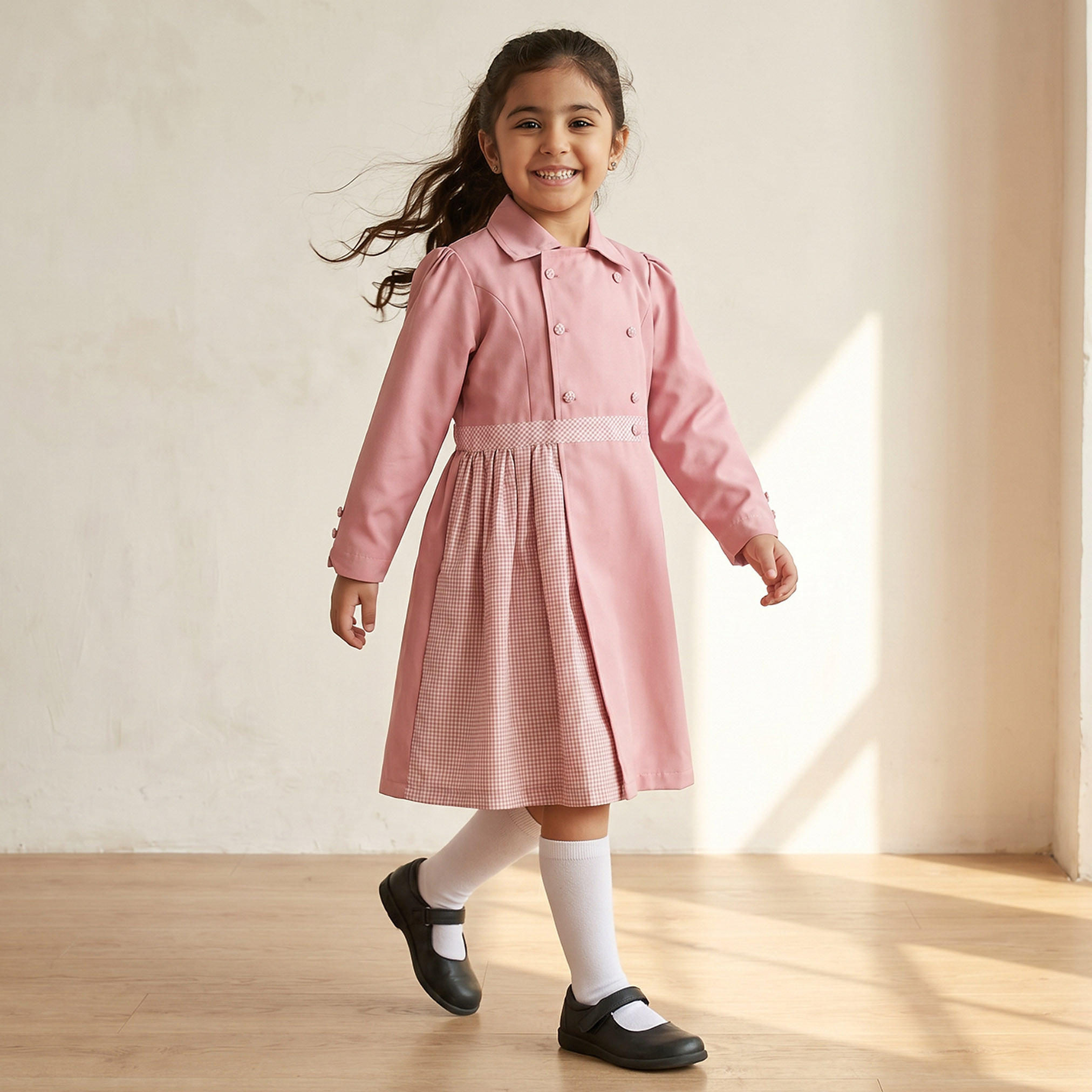 فستان مدرسي وردي بأكمام طويلة من جونيورز - بنات-girls-clothing-schoolwear-dresses-image-1