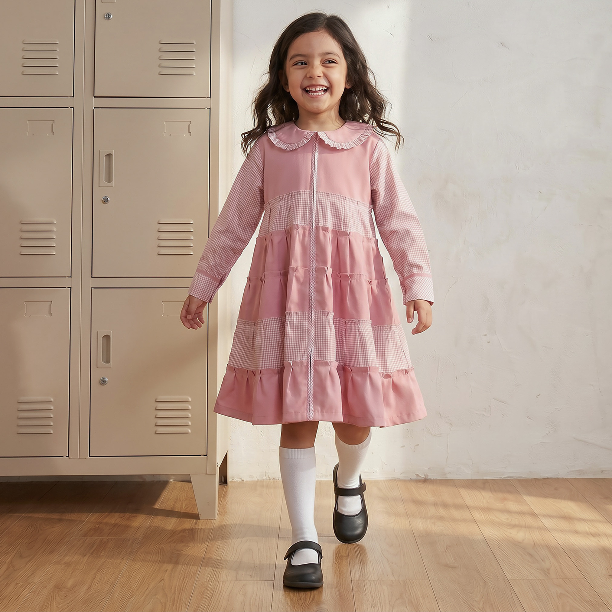 Juniors Pink School Dress with Long Sleeves - Girls-girls-clothing-schoolwear-dresses-image-1